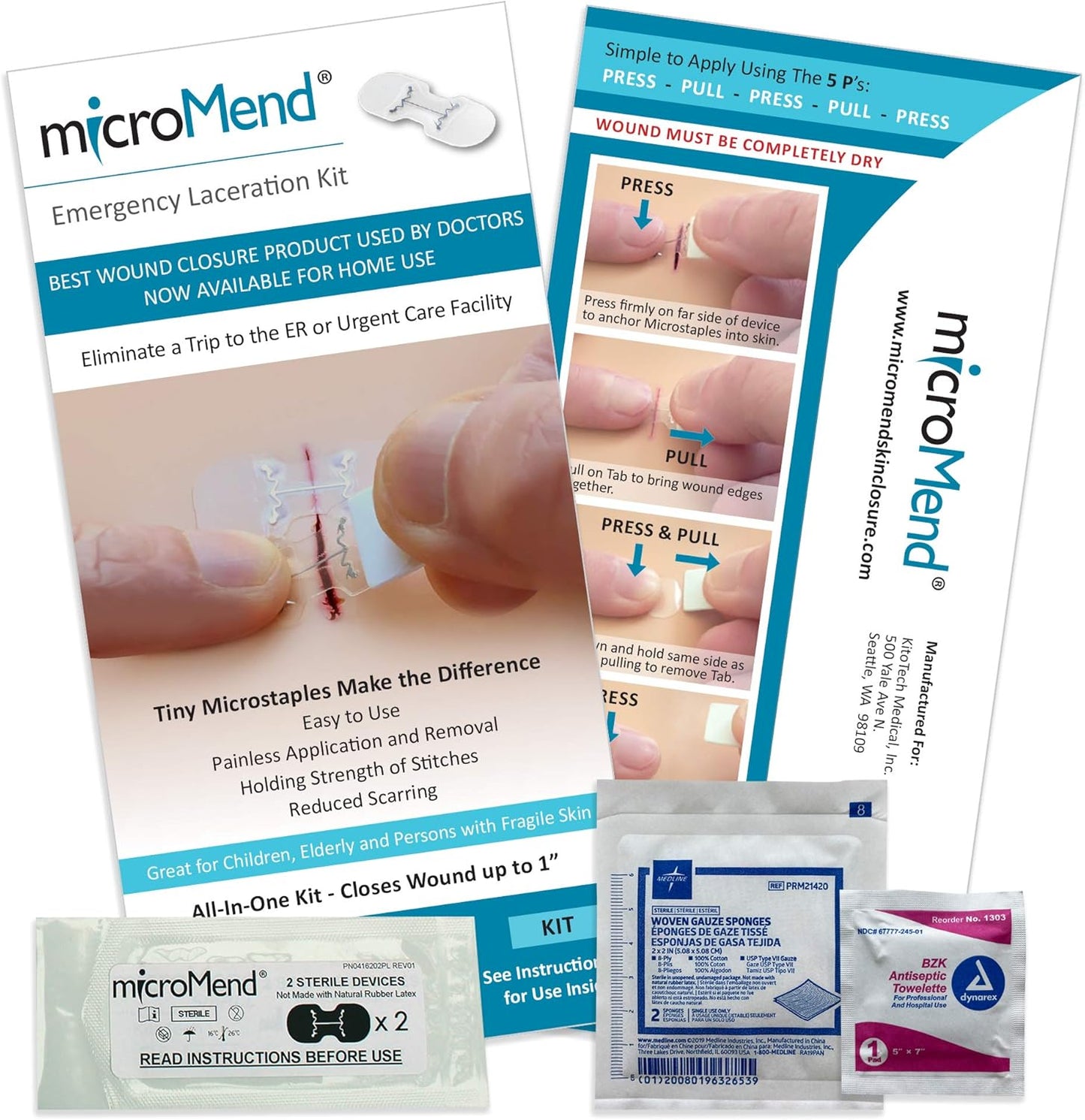 Emergency Wound Closures Surgical Quality Laceration Repair Without Stitches - Think Ahead - Be Prepared- (Emergency Wound Closures XS/SM (2 Devices - 1 Alcohol Prep Pad - 1 Gauze)