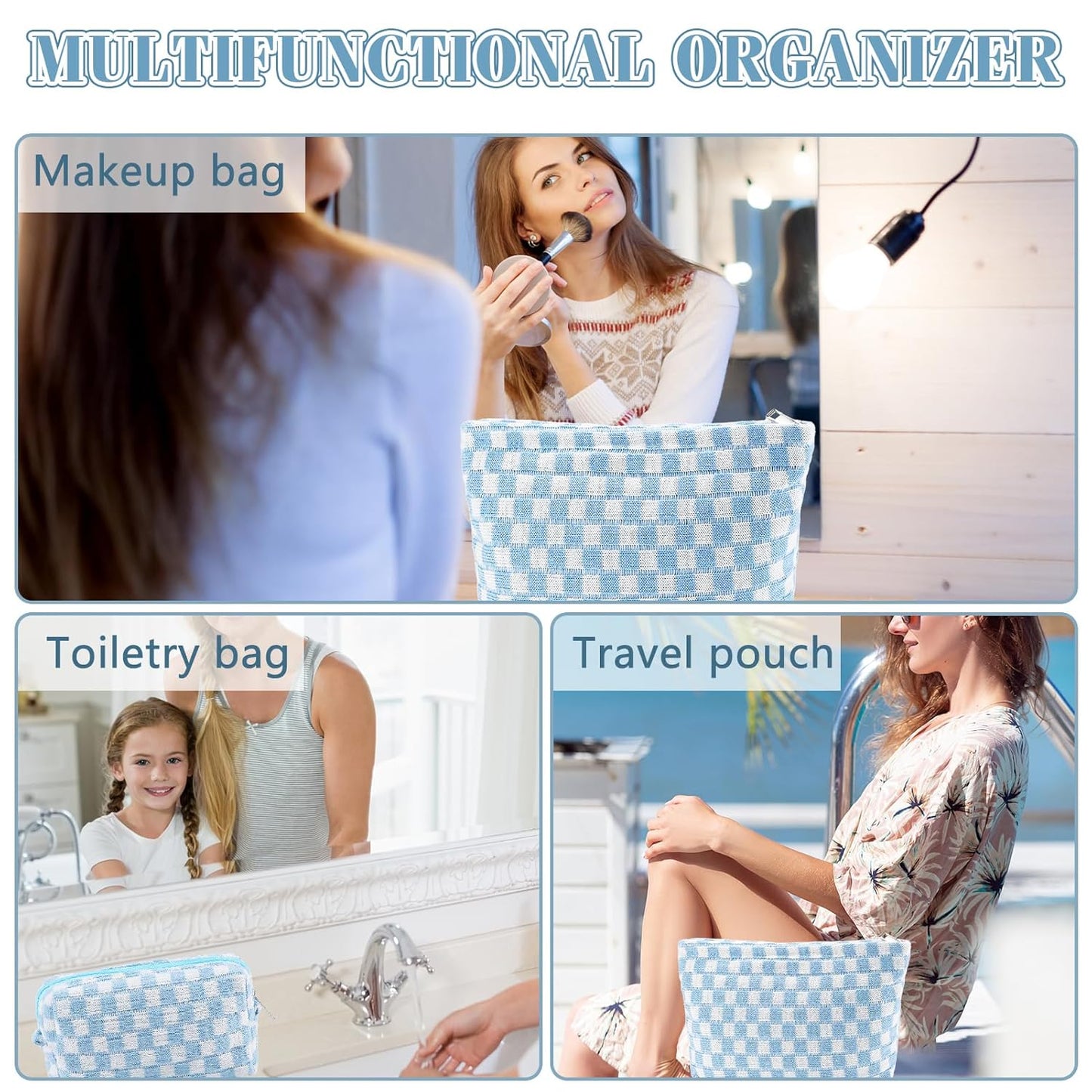 ZLFSRQ 2Pcs Checkered Makeup Bag for Women Large Small Checkered Cosmetic Bag Set Aesthetic Preppy Pencil Case Cute Pencil Pouch Blue Makeup Pouch for Purse Travel Toiletry Bags Zipper Skincare Bags