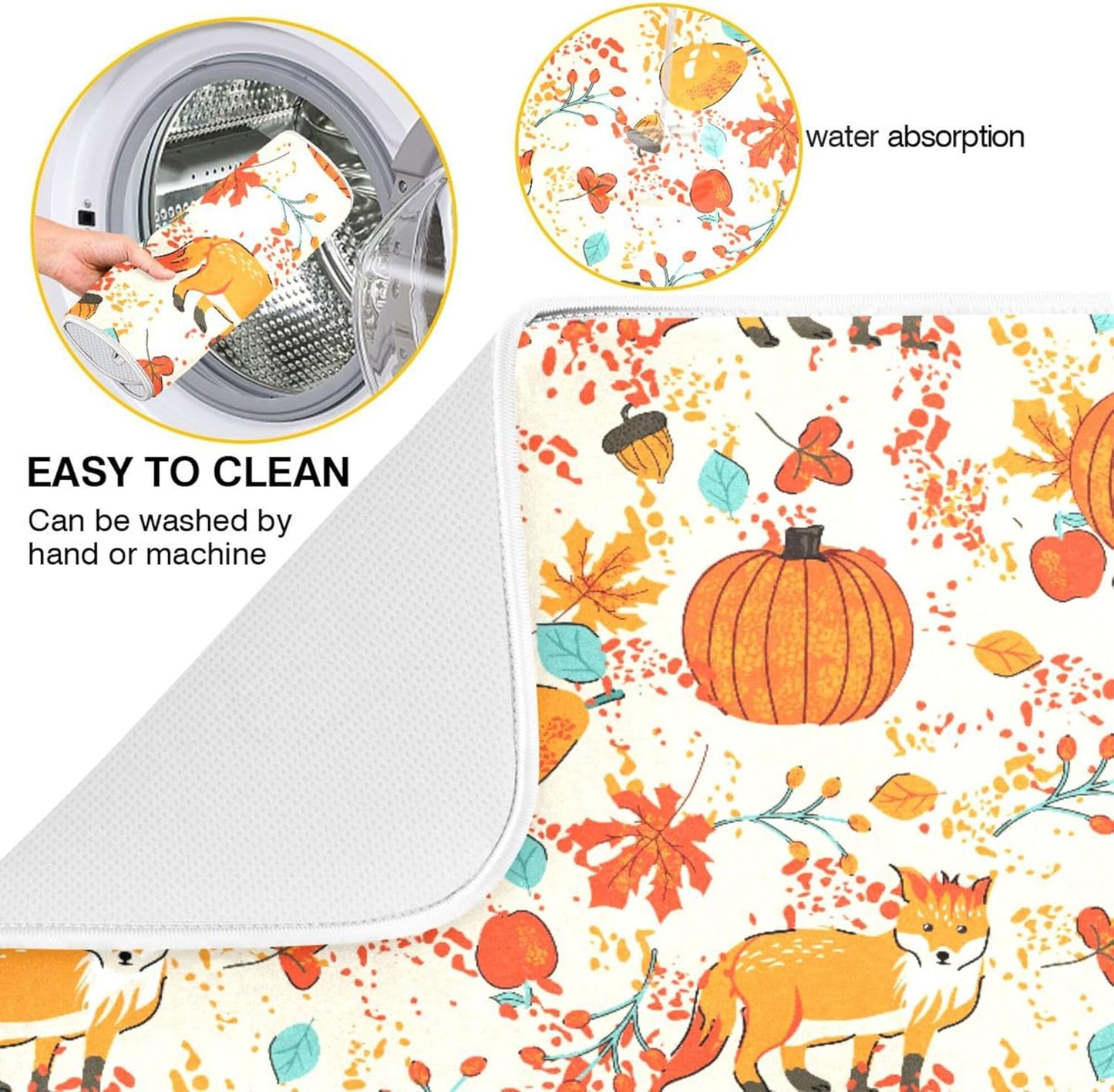 Fall Fox Dish Drying Mat for Kitchen Countertop 18x24 Autumn Chestnuts Pumpkin Berry Thanksgiving Day Large Drying Mat Reusable Quick Dry Dish Sink Mats Easy Clean Decorative Essentials