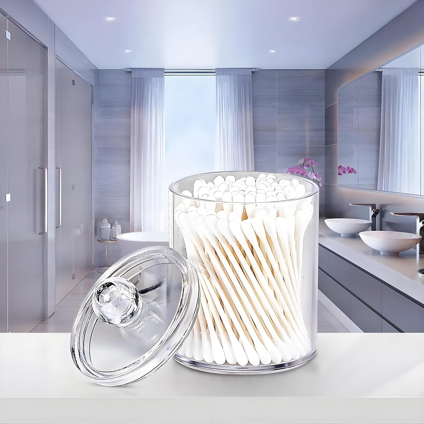 AXX Qtip Dispenser Apothecary Jars Bathroom - Qtip Holder Storage Canister Clear Plastic Jar for Cotton Swab,Q-Tips,Cotton Rounds (C#Clear 3Pcs)