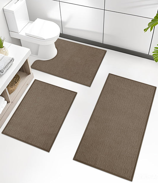 chakme Bathroom Rug Sets 3 Piece, Ultra Thin Bath Mat Quick Dry Bath Mat Set, Absorbent Bath Mat for Bathroom Non Slip Machine Washable, (Coffee, 3 Piece)