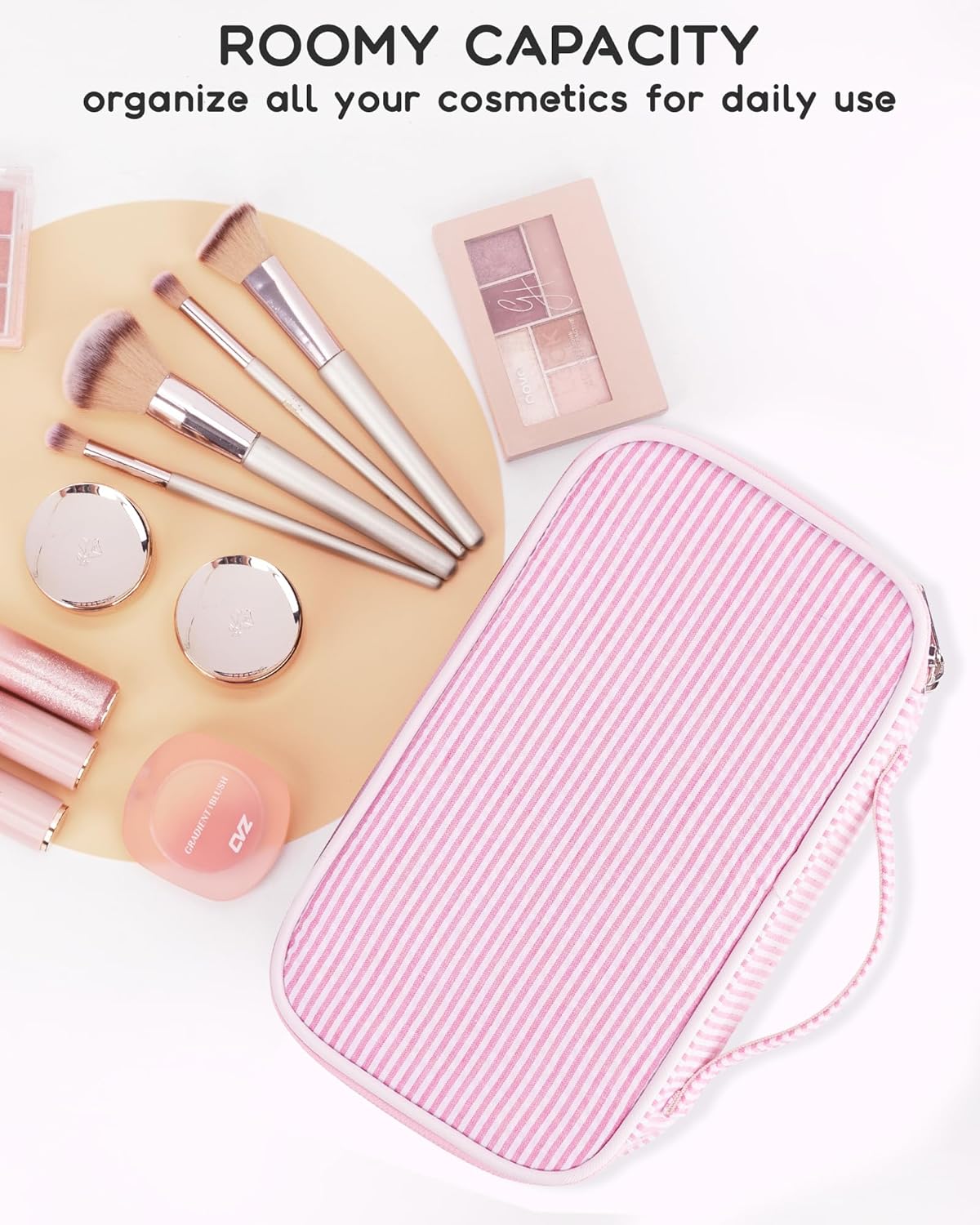 Relavel Cute Makeup Bag for Girls, Portable Pink Cosmetic Bag, Dual-layer Makeup Pouch with Brush Holder, Multi-Functional Preppy Toiletry Organizer for Travel, Daily Use - Pink Strip