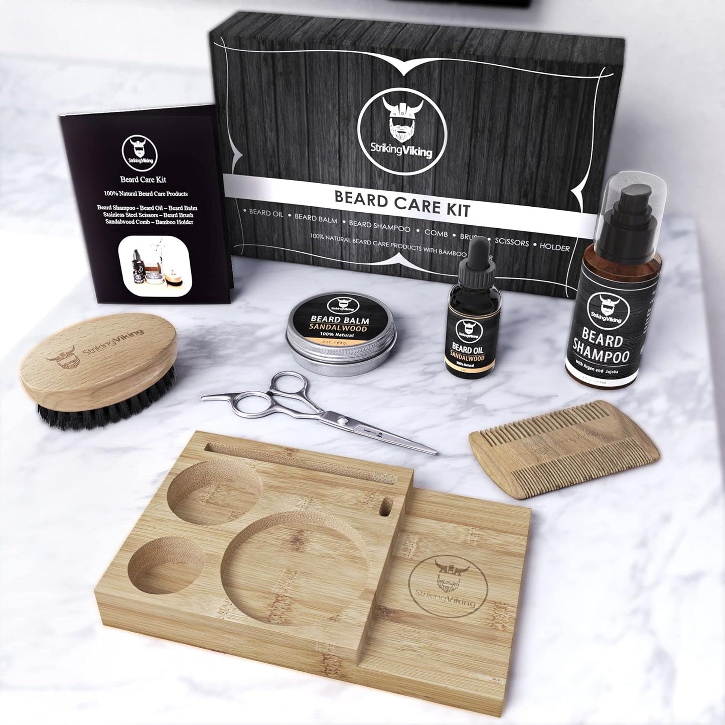 Striking Viking Beard Growth Kit - 7-Piece Set, Sandalwood Scent & Caddy - Oil & Balm with Beard Brush, Dual-Sided Comb & Scissors plus Mustache Comb for Grooming & Styling