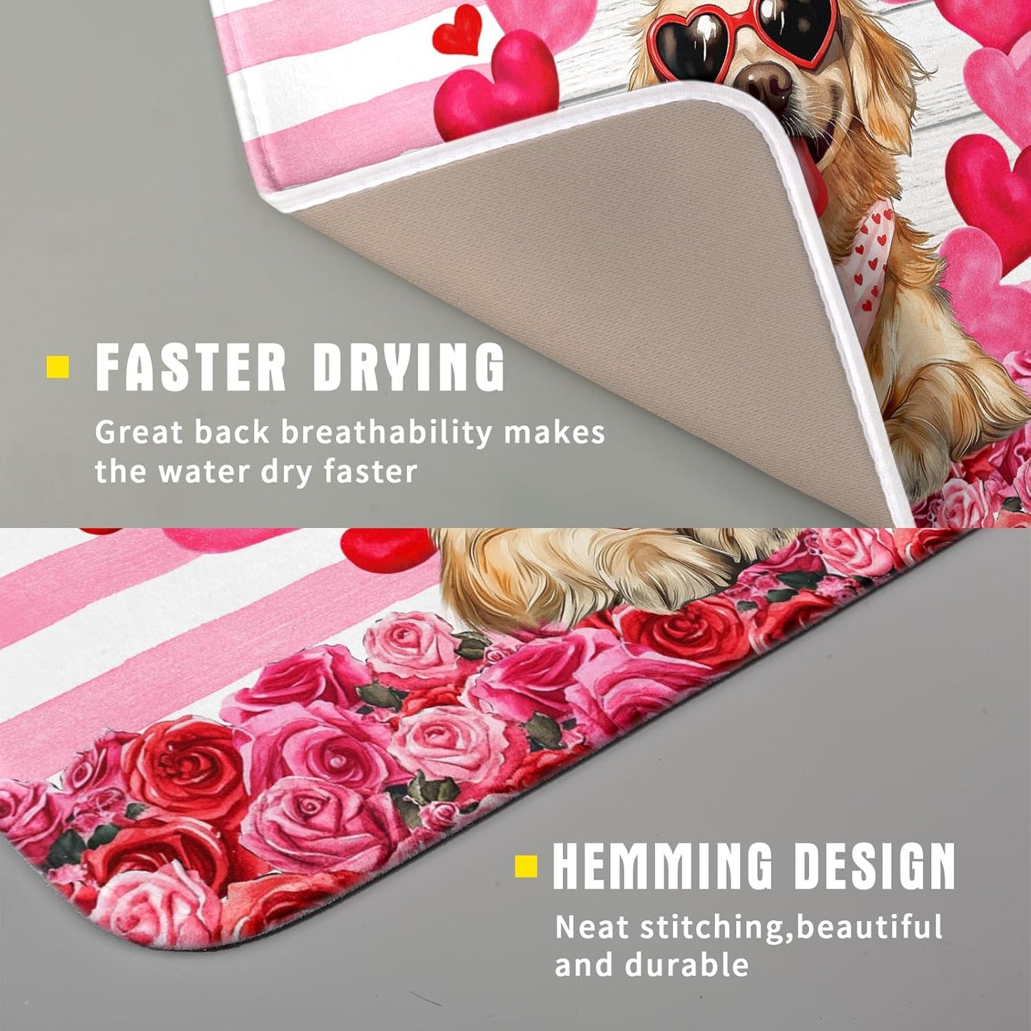 Valentine's Day Dog Dish Drying Mat for Kitchen Counter 16x18 inch Heart Rose Absorbent Dish Drainer Rack Mats for Coffee Bar Countertop