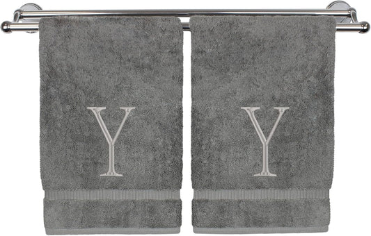 Monogrammed Hand Towel, Personalized Initial Gift, Extra Absorbent 100% Turkish Cotton - Soft Terry Finish - Set of 2 - Silver Block Initial Y - Embroidered on Grey Towels