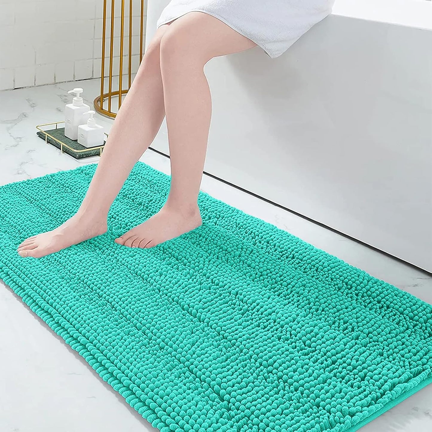 Grandaily Chenille Striped Bathroom Rugs 59x24, Extra Thick and Absorbent Bath Mats, Non-Slip Soft Plush Shaggy Shower Carpet, Machine Wash Dry, Bath Rug for Bathroom, Teal