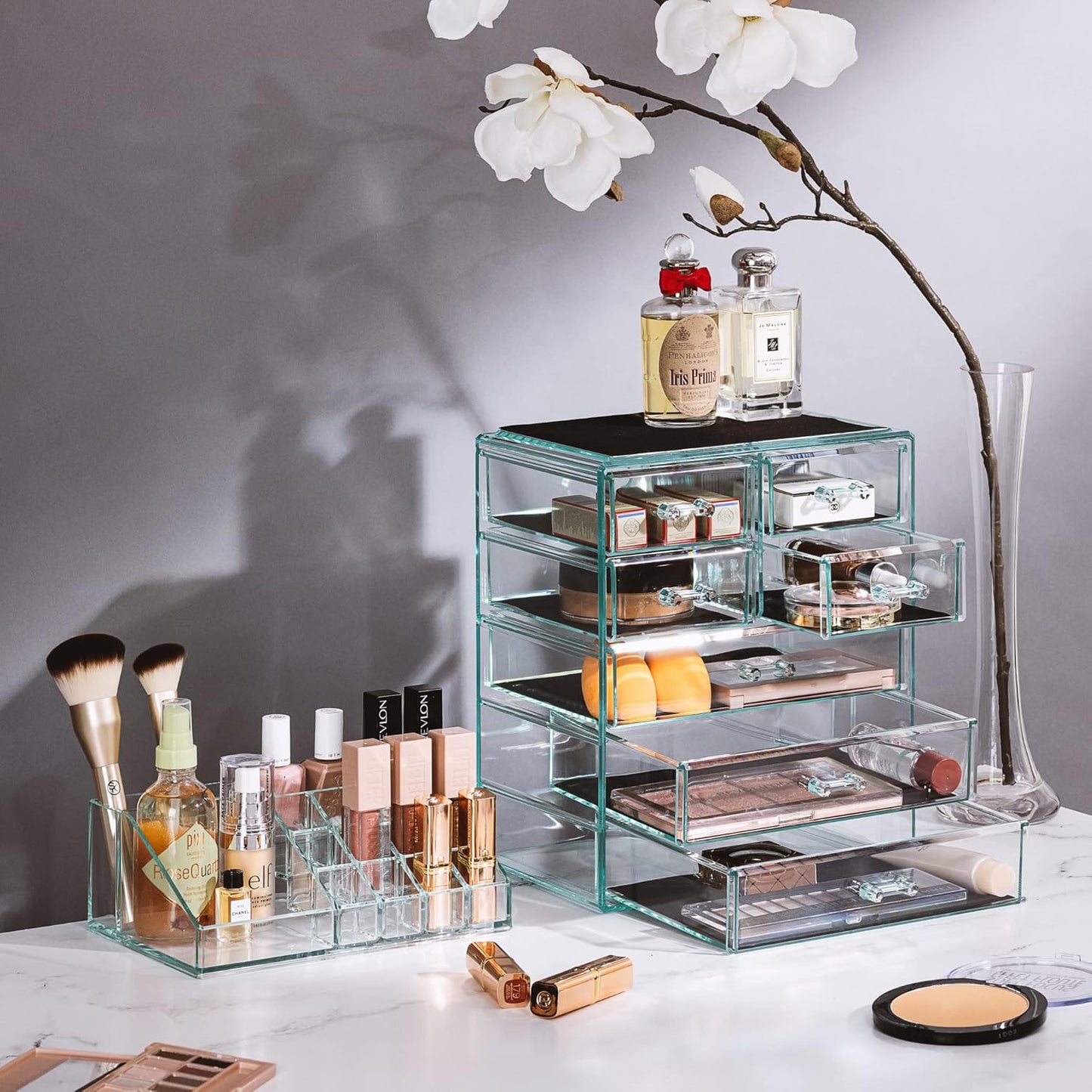 Sorbus Clear Cosmetic Makeup Organizer - Make Up & Jewelry Storage, Case & Display - Spacious Design - Great Holder for Dresser, Bathroom, Vanity & Countertop (3 Large, 4 Small Drawers) [Teal Thrill]