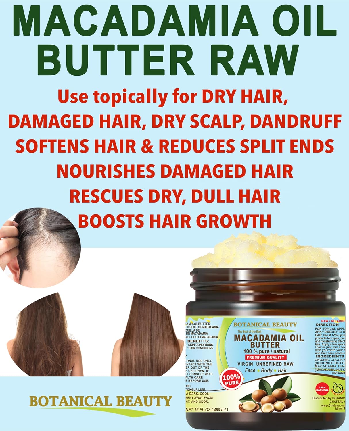 Botanical Beauty MACADAMIA OIL BUTTER 100% Pure Natural VIRGIN UNREFINED Cold-Pressed for Face, Skin, Body, Hair, Lip, Nails. Rich in Vitamin E, Omega 3, Omega 6 (8 Fl Oz)