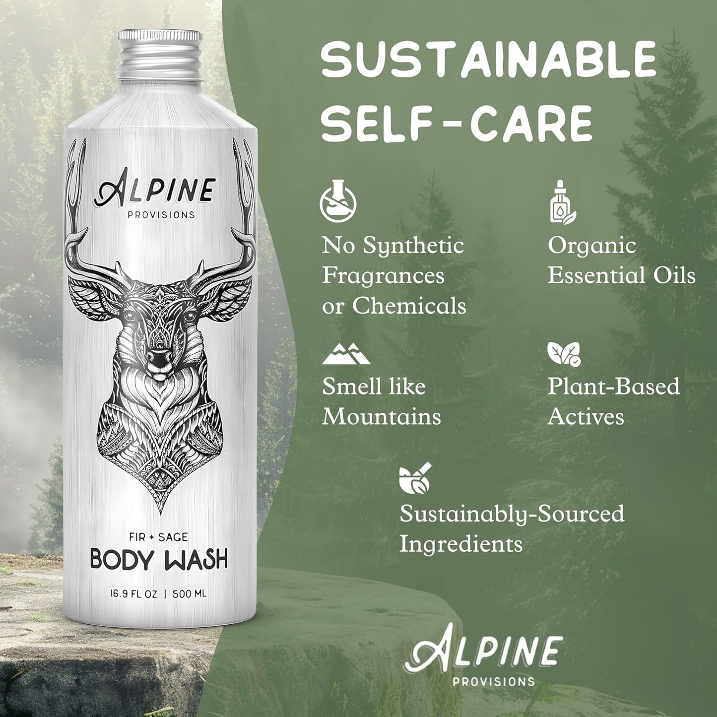 Alpine Provisions Natural Fir & Sage Moisturizing Body Wash – Refreshing with Essential Oils, Aloe Vera & Coconut Oil – Vegan, Sulfate-Free, Plastic-Free Aluminum Bottle – 16.9 FL Oz
