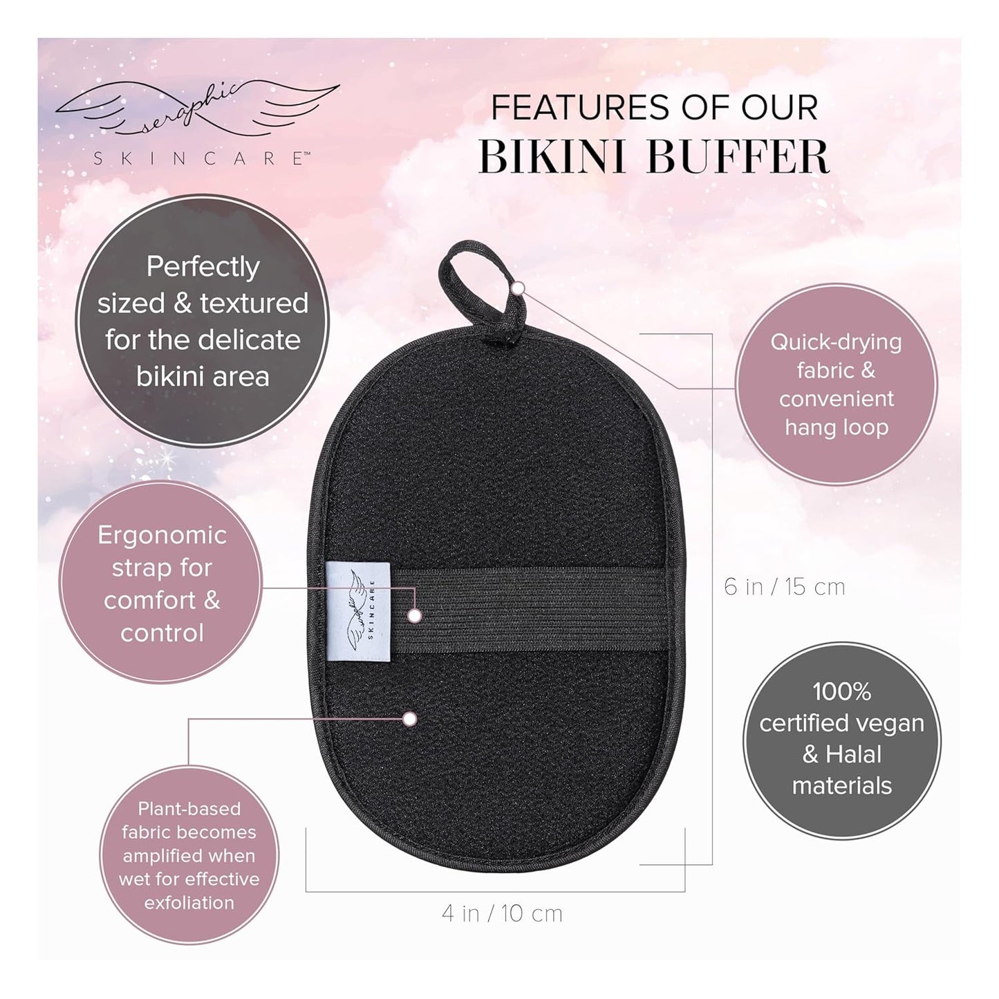 Seraphic Skincare Bikini Buffer – 100% Vegan Viscose Scrub Mitt For Women – Gently Exfoliates Dead Skin – Ingrown Hair & Razor Bumps Treatment on Bikini Area – Natural & Effective Exfoliation