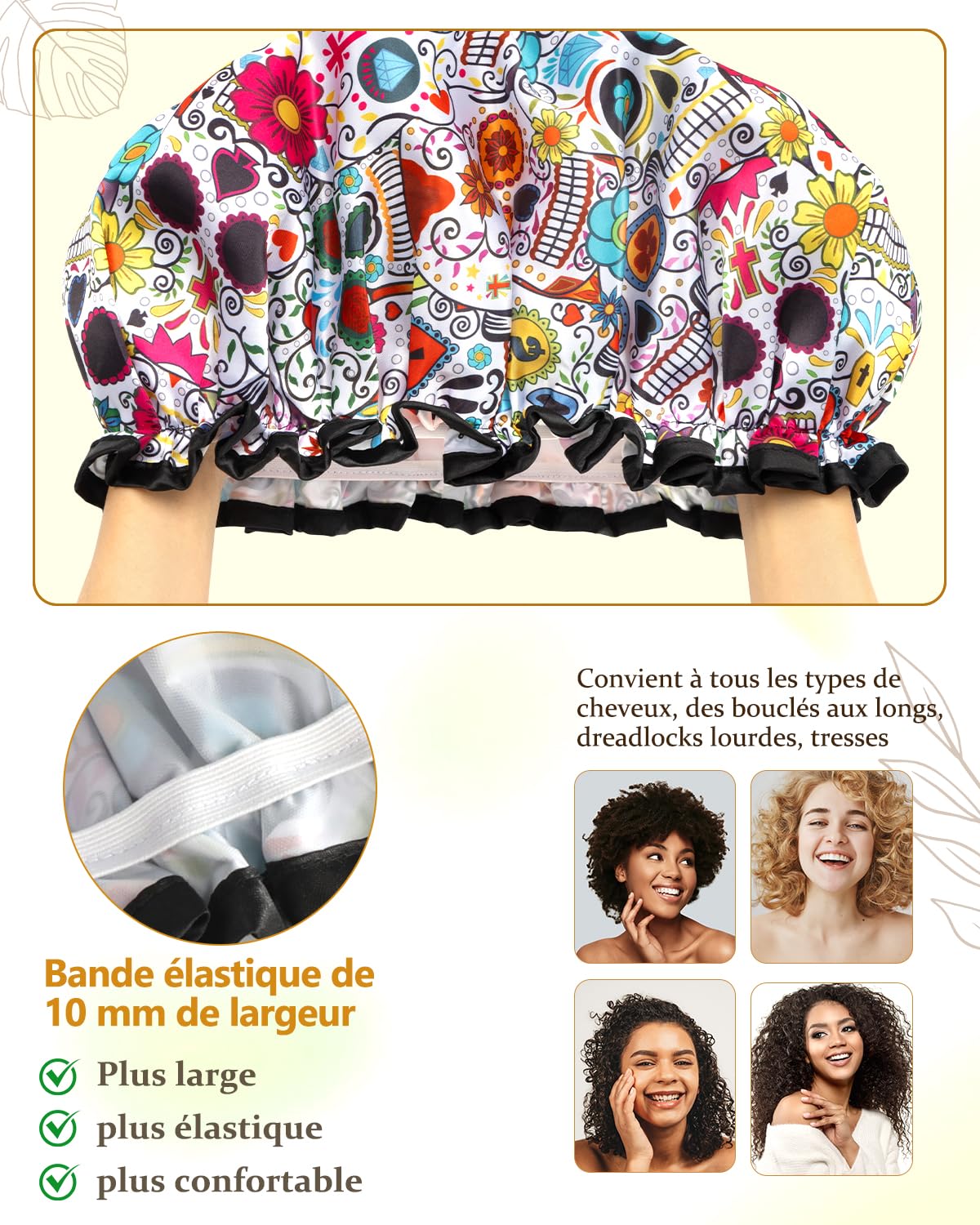 mikimini Shower Cap for Women Reusable Waterproof, Hair Cap for Shower with Double Layers, Stylish Vibrant Designed Shower Bonnet for Medium Thick Hair, Medium, 2 Pieces