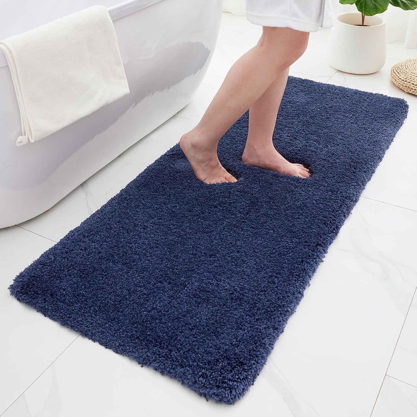 ILANGO Navy Blue Bathroom Rugs 48" × 24" Non Slip & Super Absorbent Extra Thick Soft, Washable Bath Mat for Floor, Microfiber Plush Shaggy Bath Rug with Rubber for Bathtub Shower Room Sink