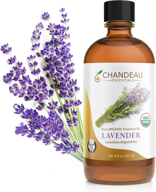100% Pure Organic Essential Oil, Pure Lavender Essential Oil for Aromatherapy, Soap Making, Candles, Laundry, Perfume, Cleaners or Diffusers - Large Amber Glass Bottle, 16 oz.