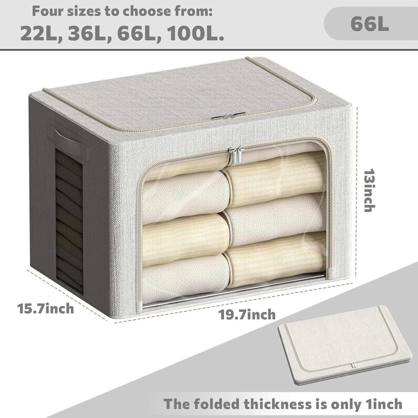 FHSQX 6 Pack Clothes Storage Bins with Metal Frame Foldable Storage Bins for Clothes Linen Fabric Storage Box with Clear Window (Lvory White, 19.7x15.7x13inch(66L))