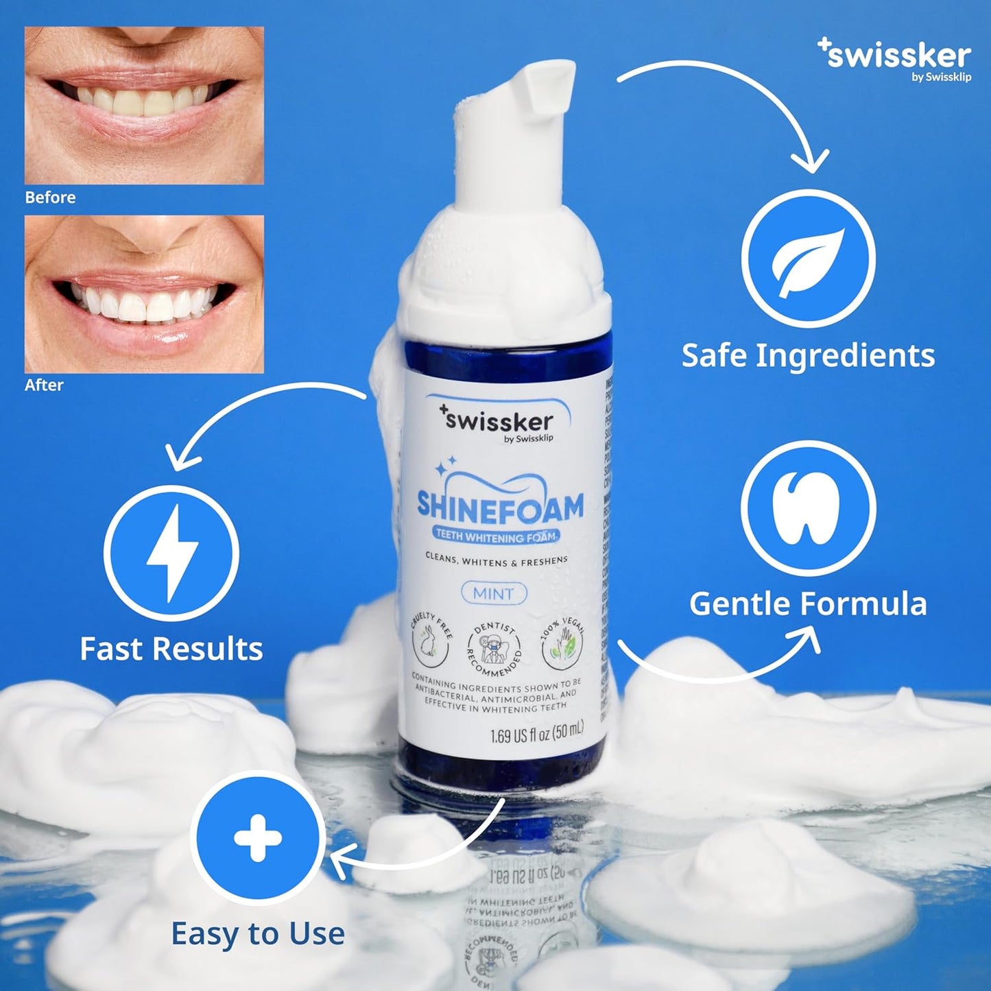 Swissklip Teeth Whitening Foam | Mint Flavor Whitening Toothpaste | Teeth Whitener I Professional Teeth Whitening Kit | 100% Vegan - Made in USA - 1.69 oz - Pack 1