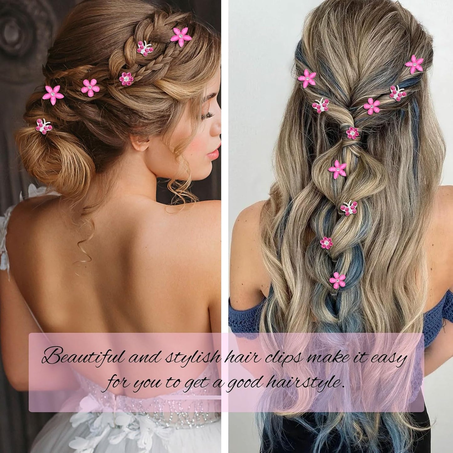 YISSION 20 Pcs Mini Flower & Butterfly Hair Clips - Hot Pink Rhinestone Hair Pins - Wedding & Bridal Hair Accessories for Women & Girls