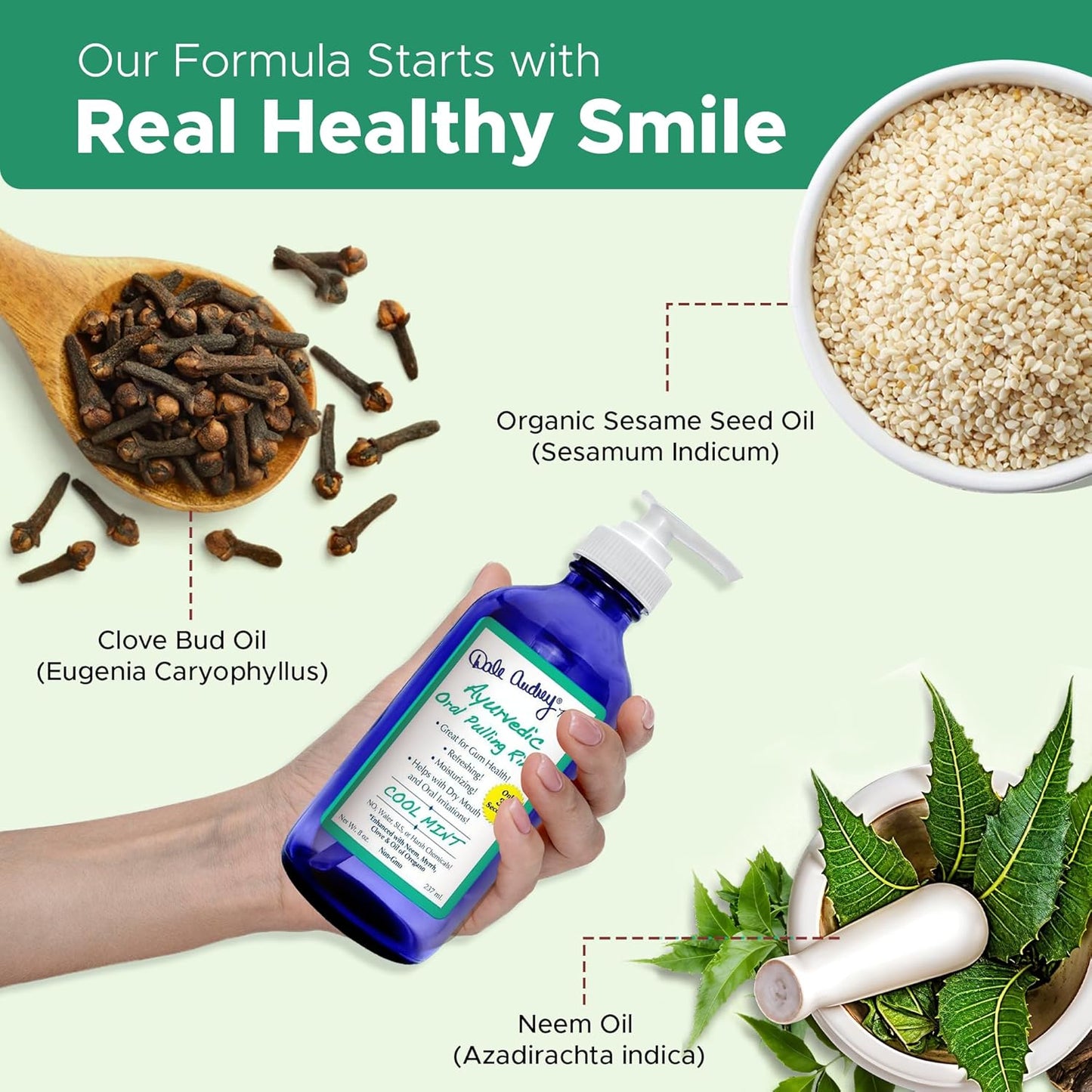 Natural Oil Pulling for Teeth and Gums | Organic Mint Flavored Oral Rinse Mouthwash for Bad Breath | Essential Oil & Teeth Whitening Gum for Freshen Breath | Cobalt Glass Bottle with Refill-16 FL Oz