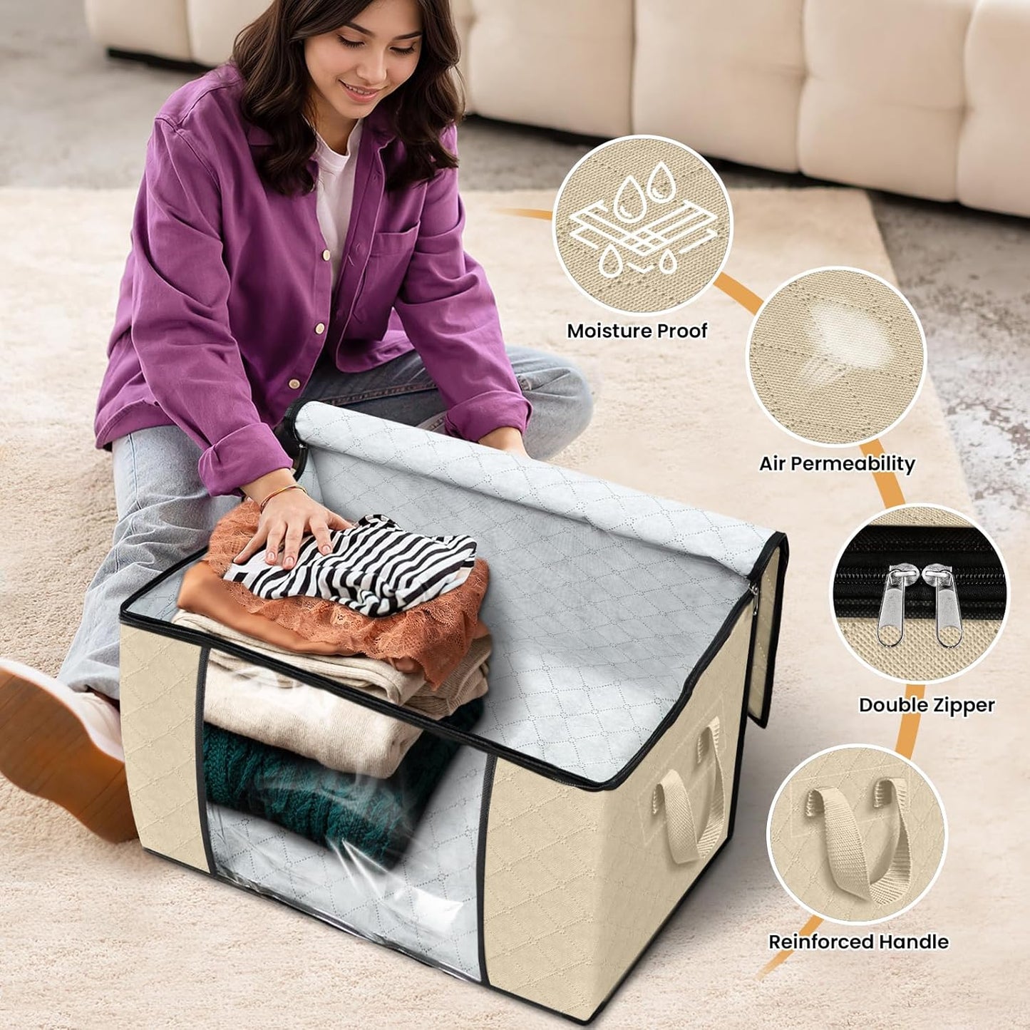 Fab totes 24 Gallons Clothes Storage, Foldable Thick Fabric Blanket Storage Bags, Containers for Organizing Bedroom, Closet, Clothing, Comforter, Organization with Handle (3 Pack,Beige)