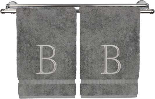 Monogrammed Hand Towel, Personalized Initial Gift, Extra Absorbent 100% Turkish Cotton - Soft Terry Finish - Set of 2 - Silver Block Initial B - Embroidered on Grey Towels