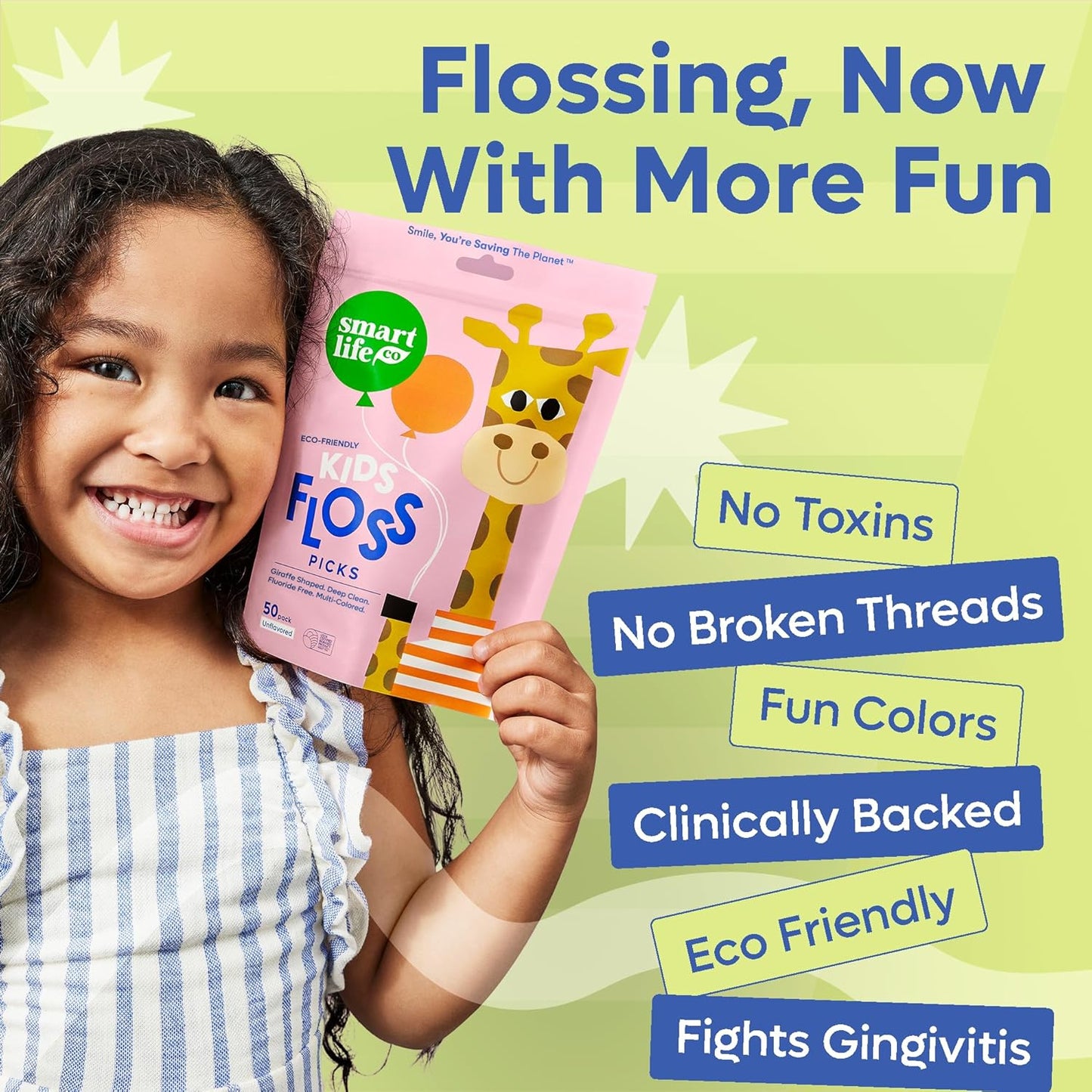 SmartLifeco Eco-Friendly Kids Flossers (200ct) - Dental Floss Picks for Children Made with Straw Wheat, Fluoride & PFA Free, Toothpick Flossing Sticks for Toddler Teeth, No Shred Thread, Mint