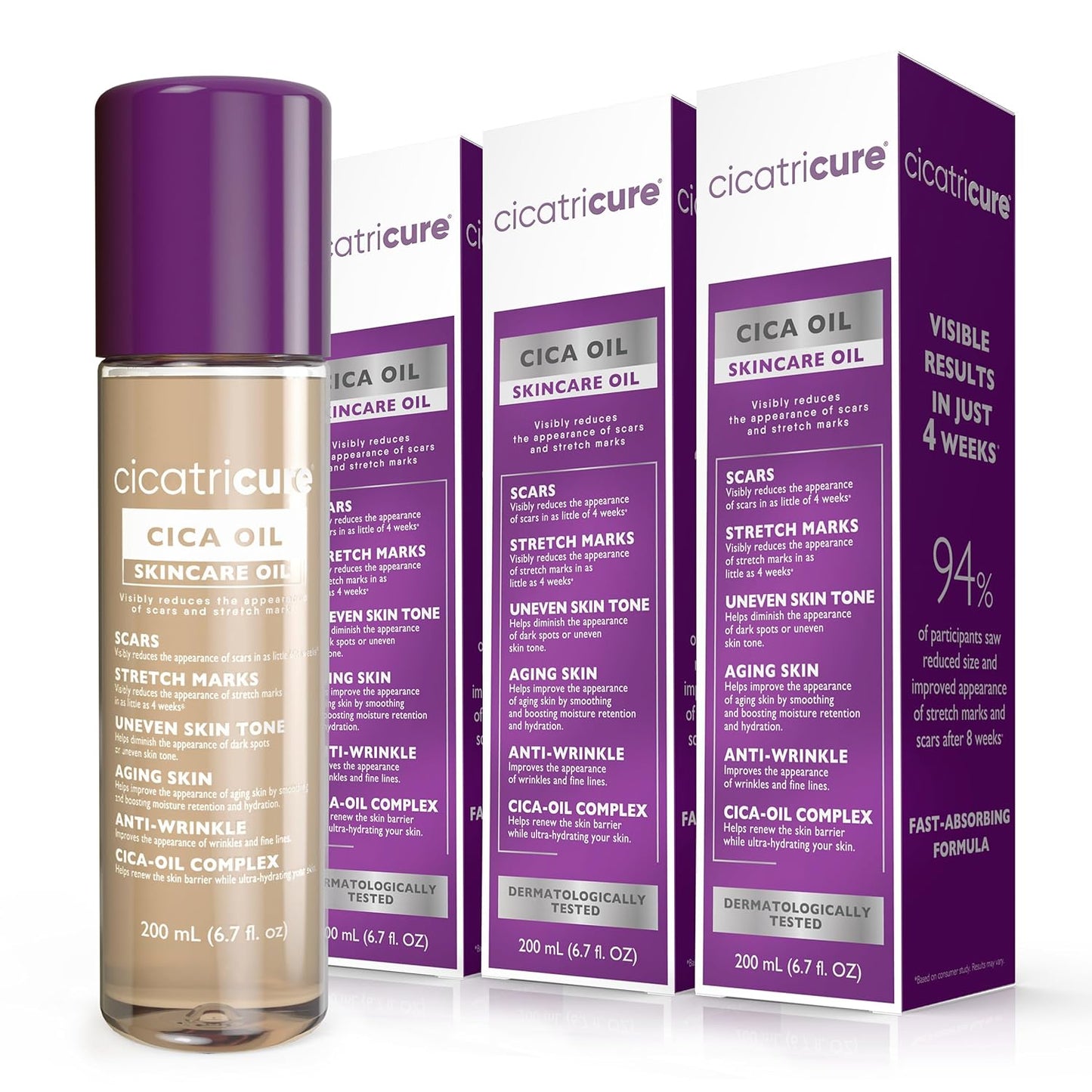 Cicatricure Cica Oil for Stretch Marks & Scars, Visible Results in 4 Weeks, Pregnancy Must-Haves Body Oil with Vitamin E, Stretch Mark Oil, Scar Treatment with Botanical Ingredients, 6.7 fl oz -3 Pack