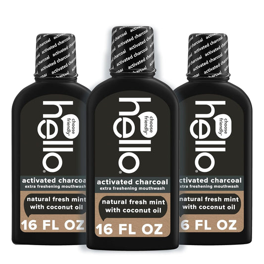 Hello Activated Charcoal Extra Freshening Mouthwash, Natural Fresh Mint and Coconut Oil, Fluoride Free, Alcohol Free, Vegan, SLS Free and Gluten Free, 16 Fl Oz (Pack of 3)