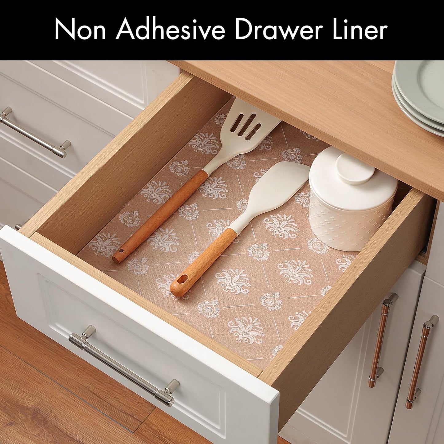 Cooyes Shelf and Drawer Liners for Kitchen Cabinets, Non-Adhesive Cabinet Liners, EVA Waterproof Durable Shelf Paper for Refrigerator, Shelves, Cupboard with European Pattern, Easy to Cut