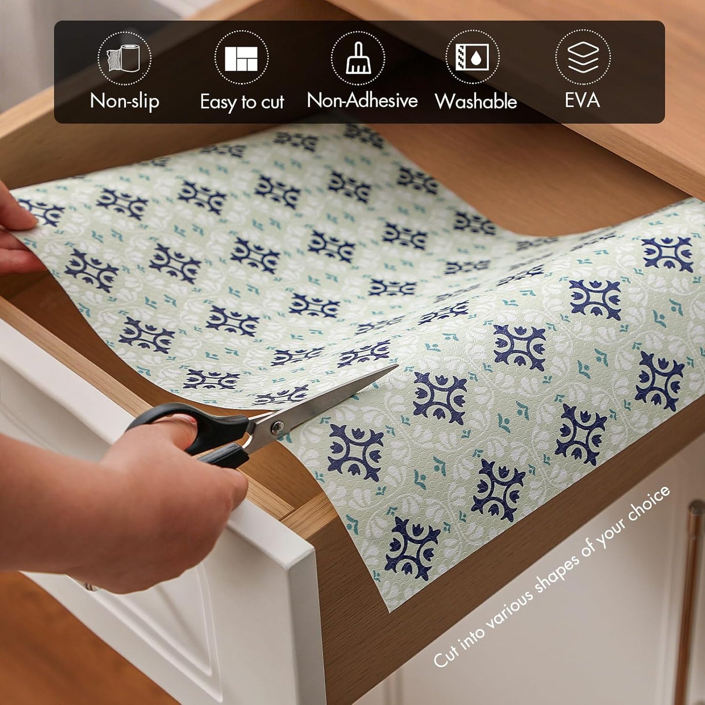 Cooyes Shelf and Drawer Liners for Kitchen Cabinets, Non-Adhesive Cabinet Liners, EVA Waterproof Durable Shelf Paper for Refrigerator, Shelves, Cupboard with European Pattern, Easy to Cut