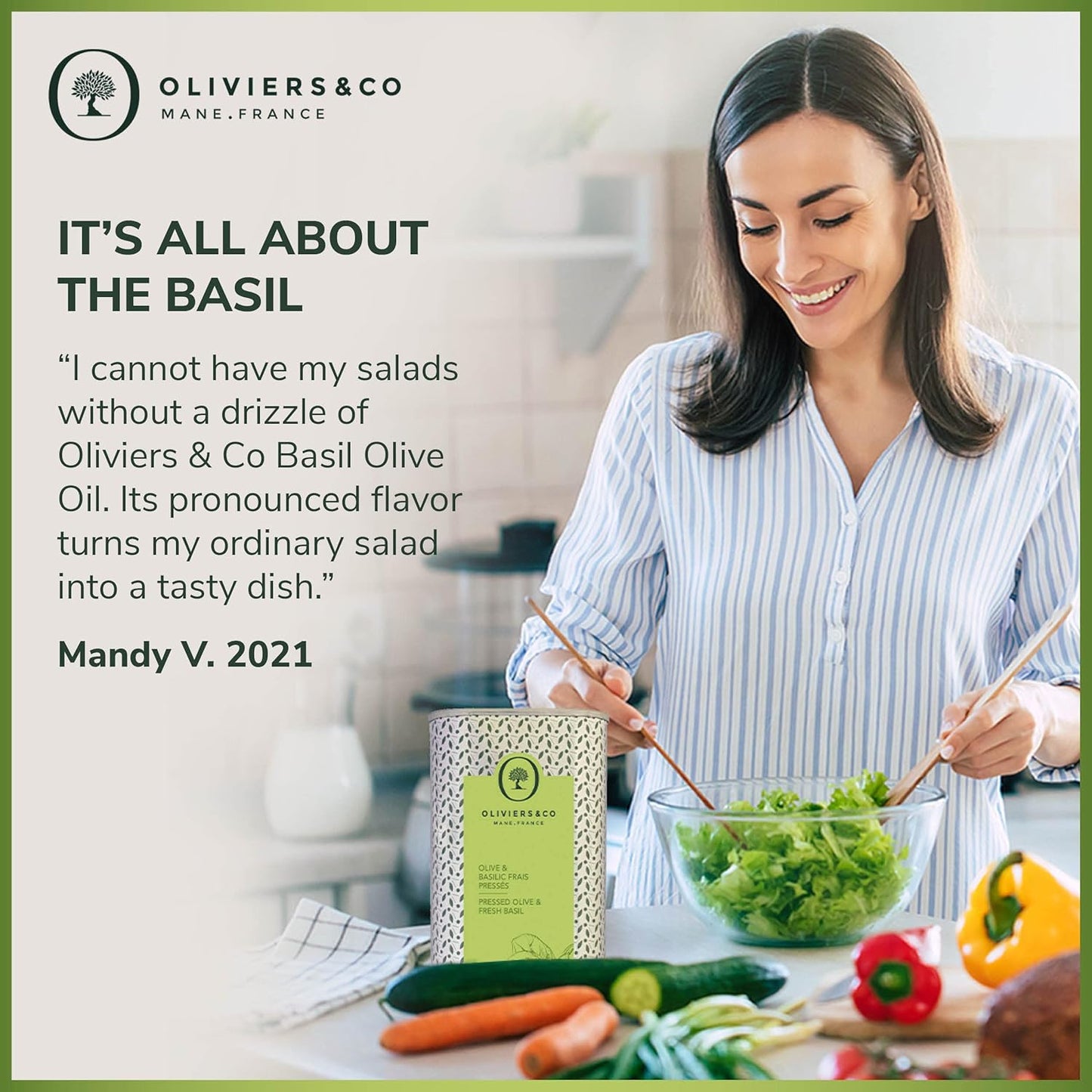 Fresh Basil Olive Oil by Oliviers & Co. | Cold Pressed Extra Virgin Olive Oil | Everyday and Cooking EVOO from Italy | Gourmet Flavored Oil in Tin Can | (33.6 Fl Oz, Fresh Basil)