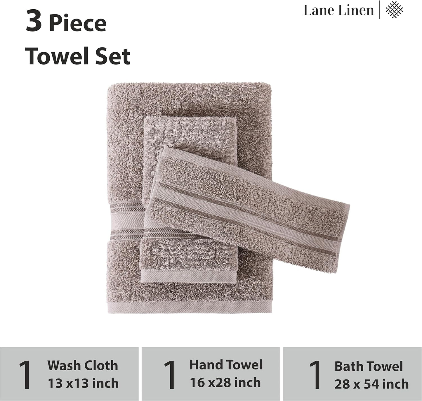 LANE LINEN Luxury Bath Towels Set - 3 Piece 100% Cotton Bathroom Towels, Quick Dry, Extra Aborbent, 1 Hand Towel, 1 Wash Cloths, 1 Bath Towel: Platinum