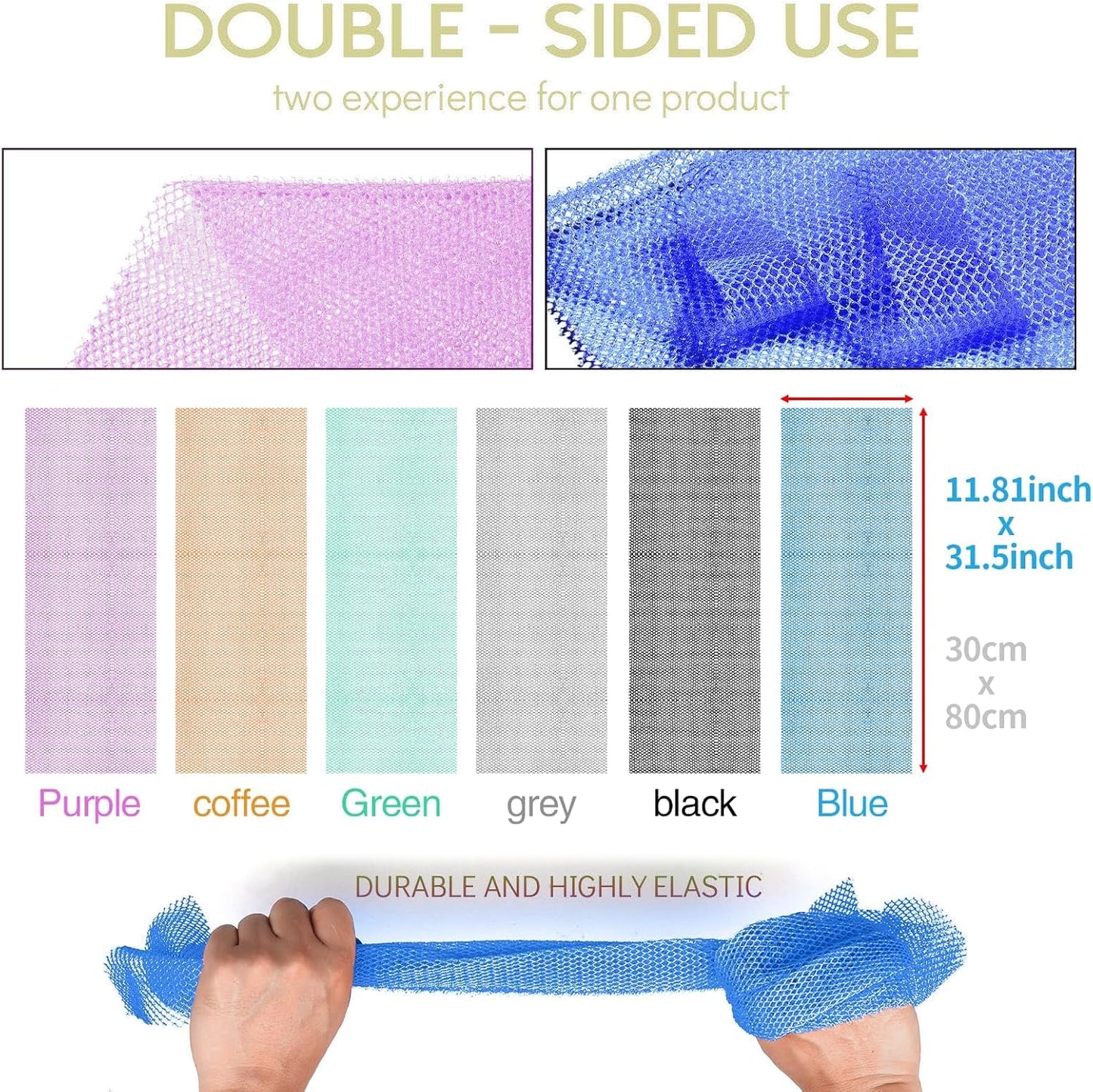 UJFQBH 6 Pieces African Bath Sponge African Net Long Net Bath Sponge Exfoliating Shower Body Scrubber Back Scrubber Skin Smoother,Great for Daily Use (Purple, Gray, Blue, Black, Brown, Green)