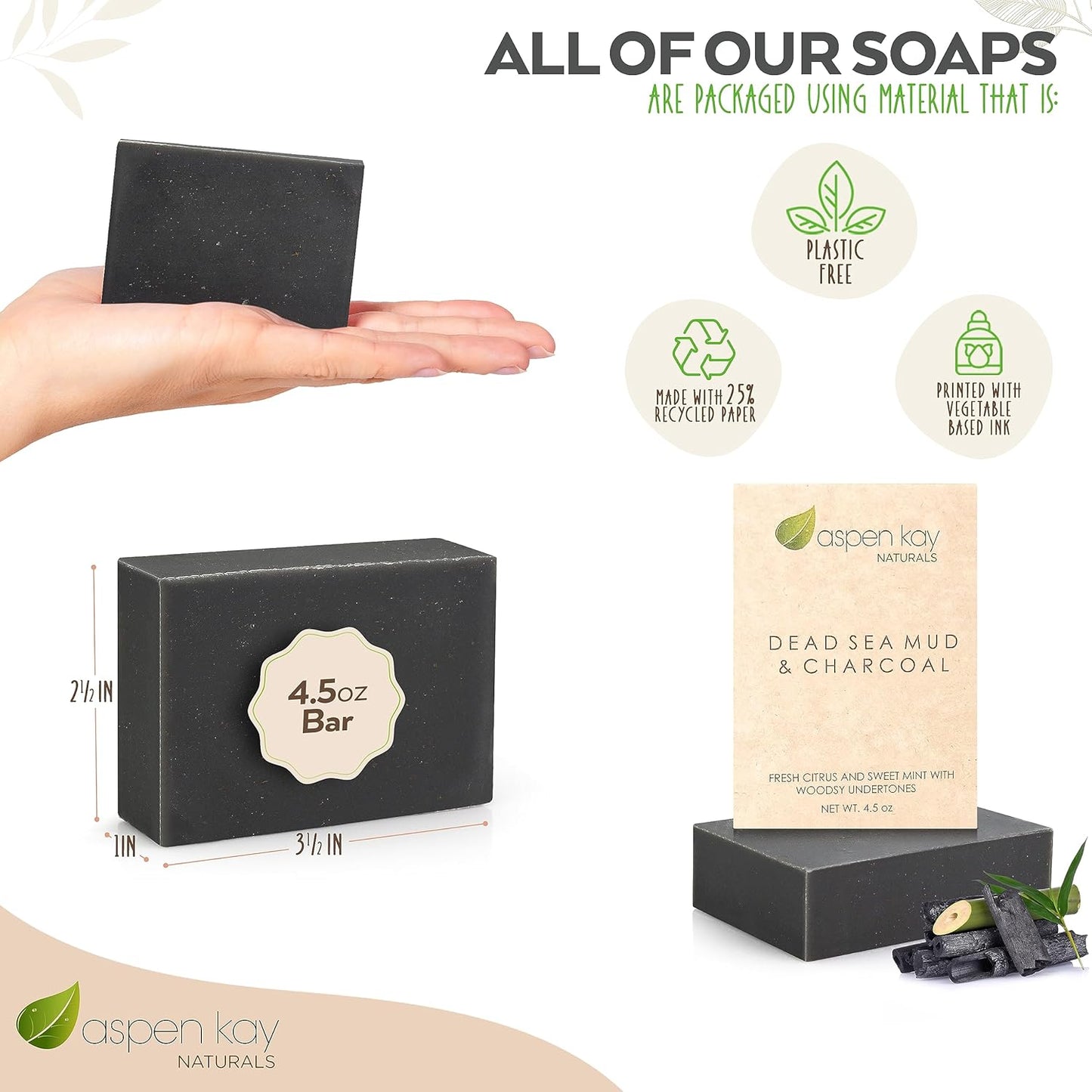 Aspen Kay Naturals Dead Sea Mud and Charcoal Soap Bar. With Organic Shea Butter & Pure Essential Oils. Charcoal Face Wash for Men, Women & Teens. (3 pack)
