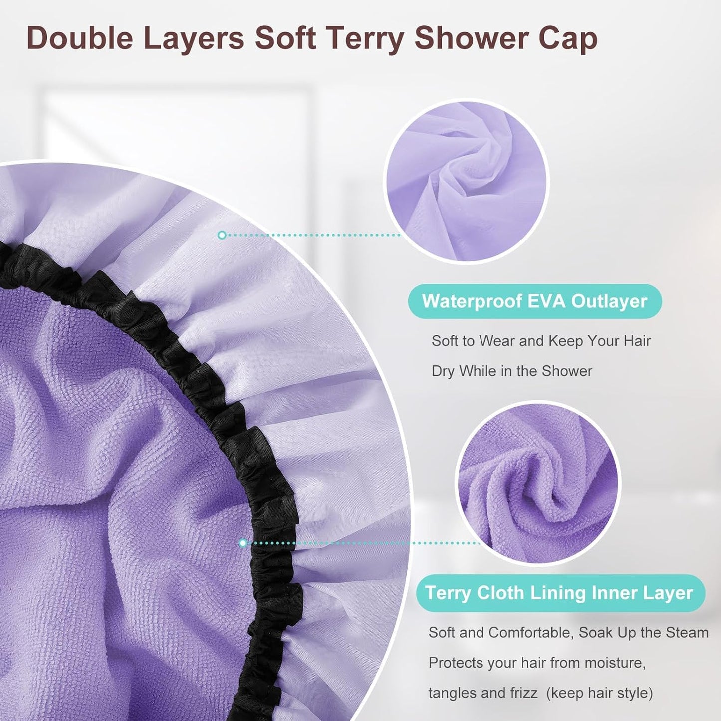 2 Pcs 13.5" Dual Waterproof Design Adjustable Terry Shower Cap for Women and Men, EVA Double Layer Bath Cap Reusable for Braids, Long Hair, Dreadlocks
