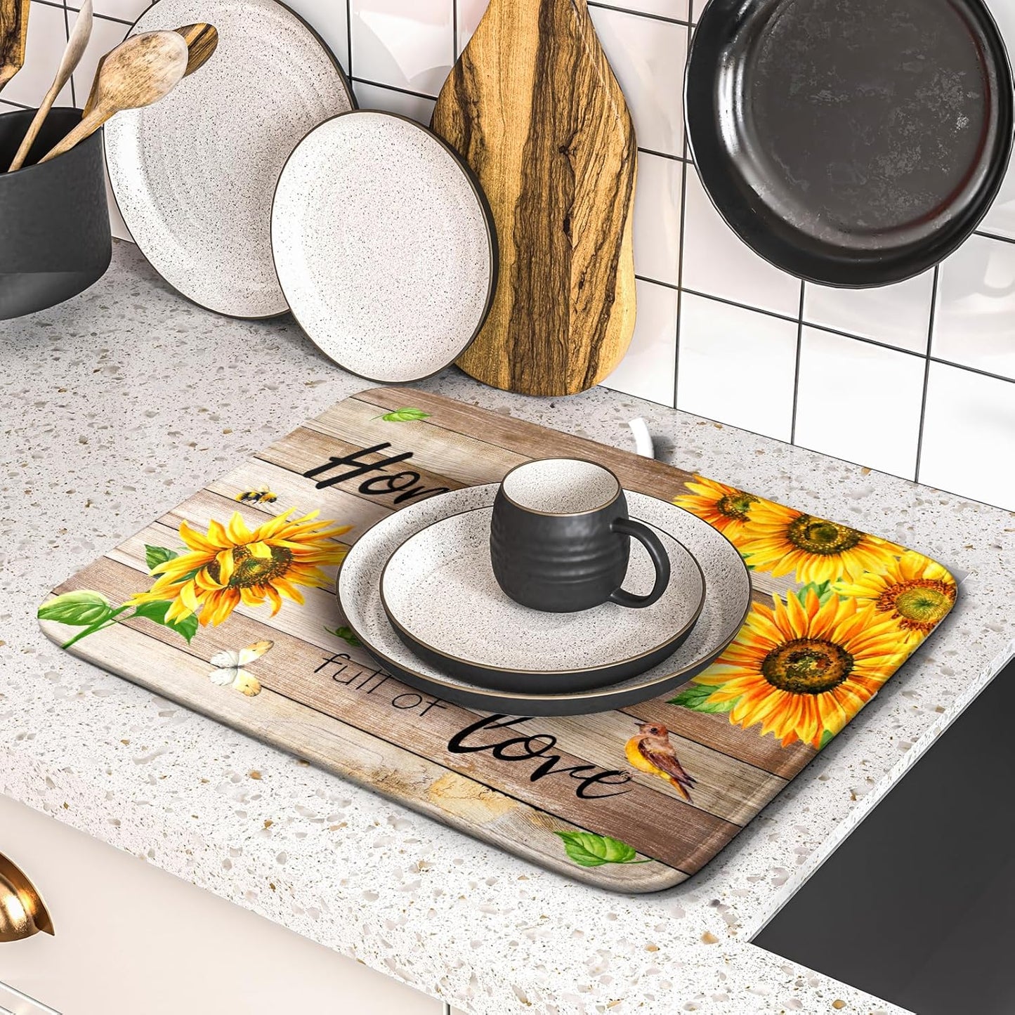 Sunflower Floral Dish Drying Mat for Kitchen Countertop 16x18 inch Rustic Wood Washable Microfiber Absorbent Dishes Drainer Rack Pad