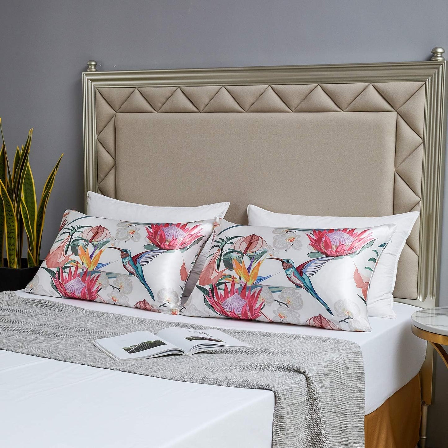 MR&HM Satin Pillowcase for Hair and Skin, Silk Satin Pillowcase 2 Pack, Queen Size Pillow Cases Set of 2, Silky Pillow Cover with Envelope Closure (20x30, Floral Bird)