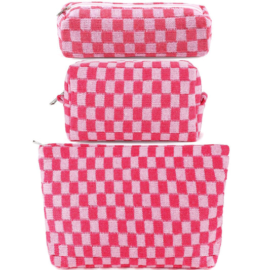ZLFSRQ 3Pcs Makeup Bag Checkered Cosmetic Bag Set Travel Toiletry Bags for Purse Large Small Makeup Pouch for Women Cute Preppy Pencil Pouch Case Pink Zipper Skincare Bags