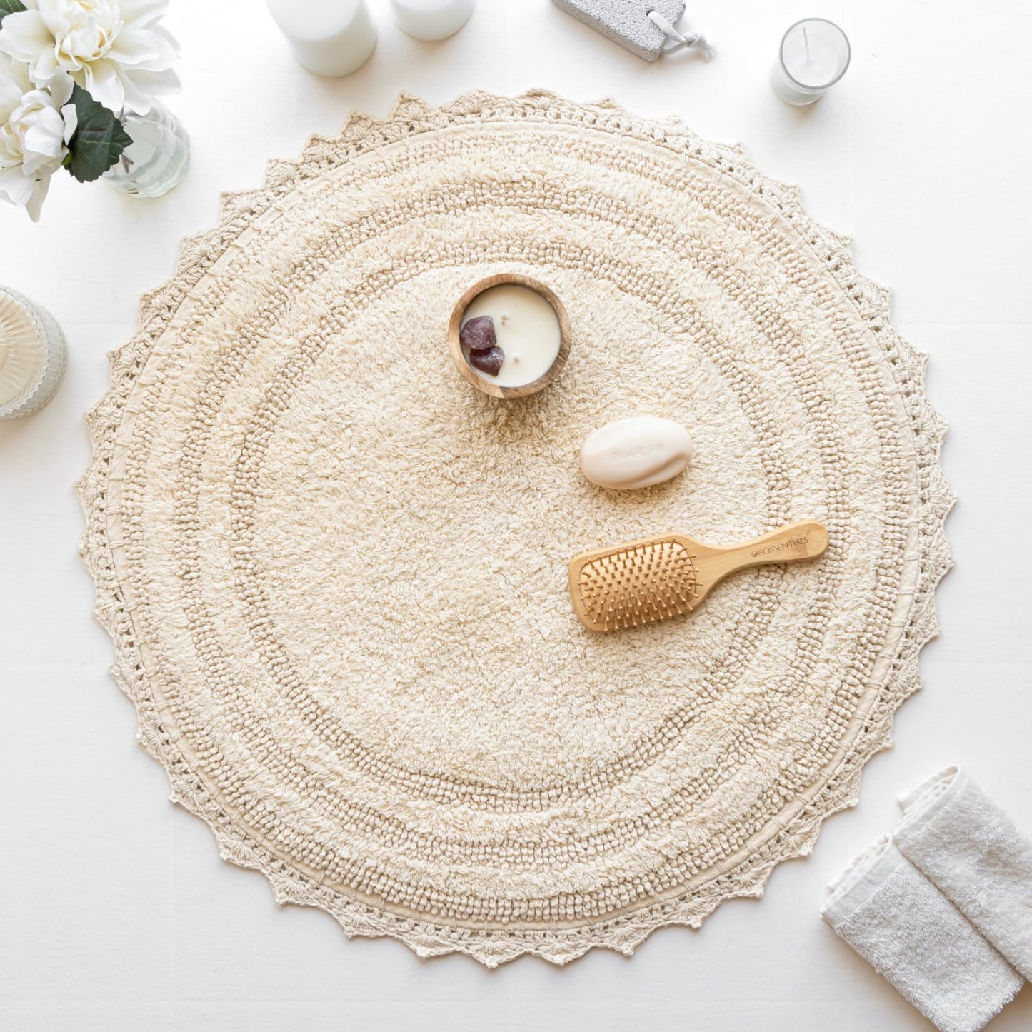 RAJRANG Circle Bathroom Mat for Kitchen and Spa with Crochet Pattern Cotton Absorbent Soft Reversible Woven Bath Rug Shortbread Round 24 Inches