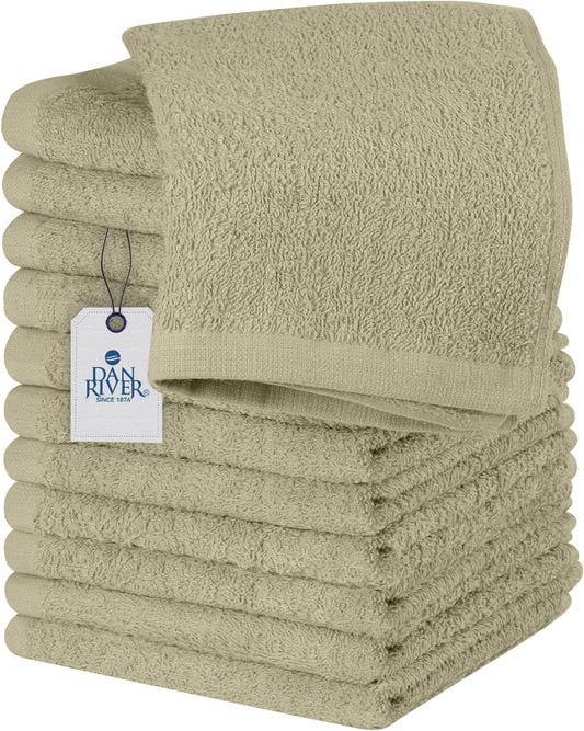 DAN RIVER 100% Cotton Wash Cloths 12 Pack [12x12] Soft & Absorbent Terry Cloth washcloths, Gym, Hotels & Spa Perfect for Everyday Use Fingertip Towels, Beige