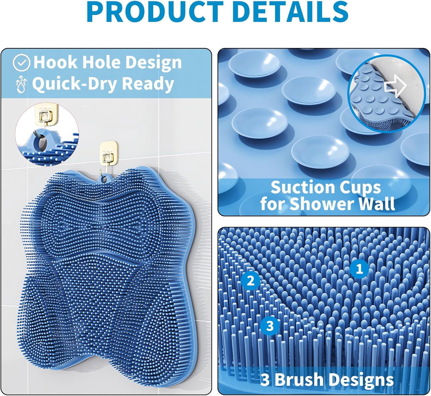 Show Foot Scrubber Mat & Silicone Back Scrubber with Butterfly Form Design,3 Brush Designs for Deep Cleaning Shower Foot Scrubber Mat, Wall Mounted Back Scrubber Silicone Bath(Blue)