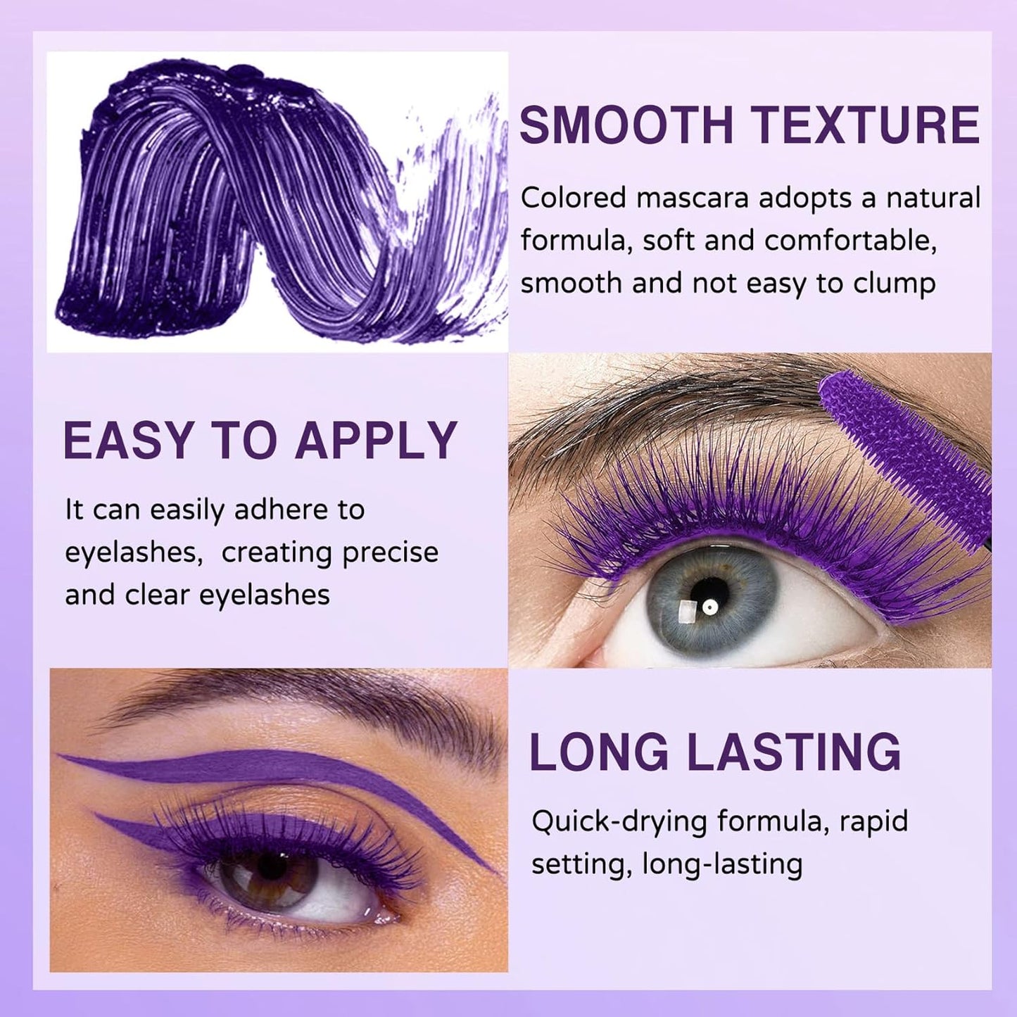 Purple Mascara and Eyeliner Set, 5D Colored Volume and Length Waterproof, Purple Mascara for Eyelashes, Natural Lengthening Curling, Suitable for All Skin Types
