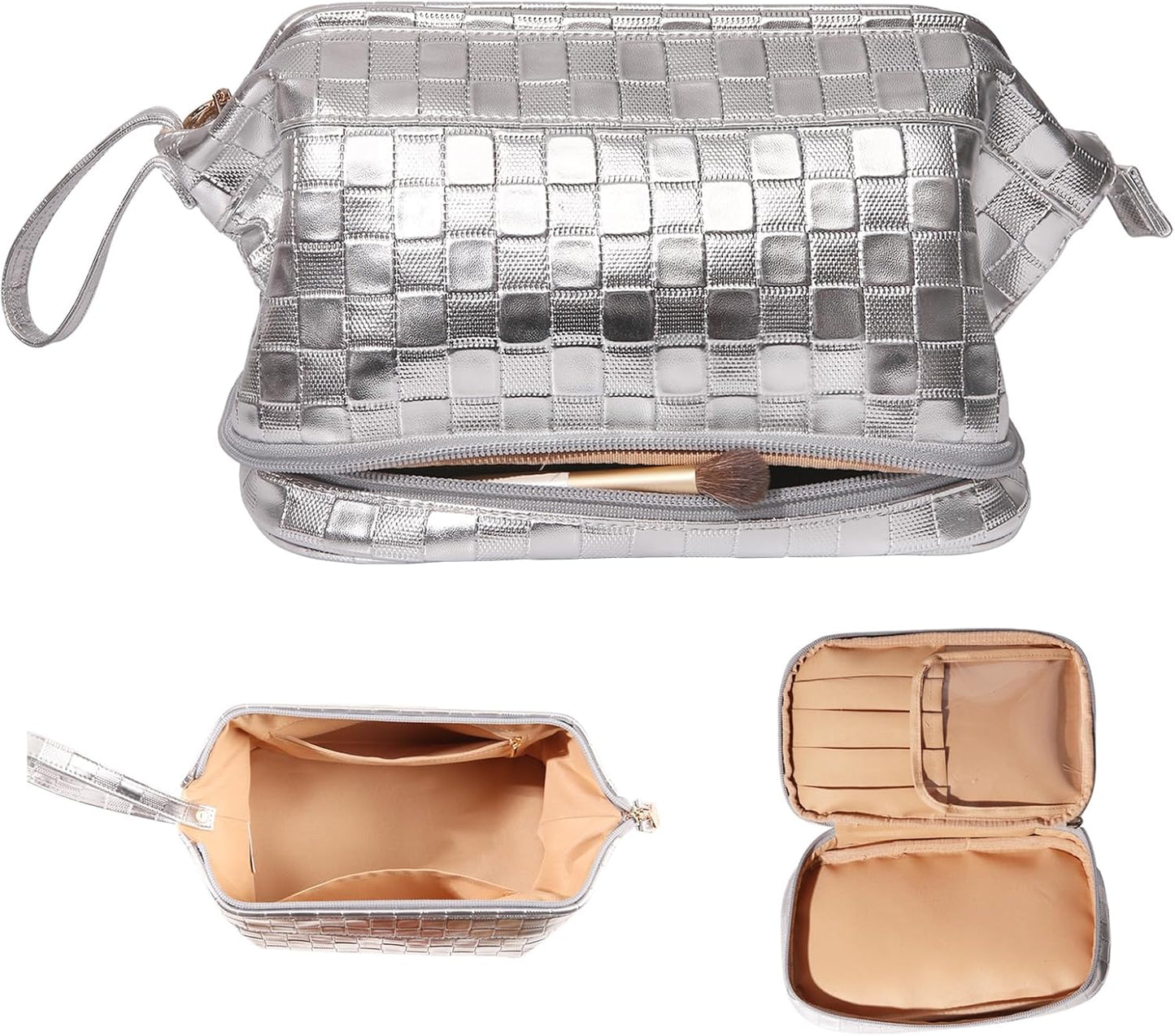 Abiudeng Large Capacity Makeup Bag Ladies Cosmetic Bag Travel Bag with Compartments Portable PU Leather Travel Makeup Bag with Handle