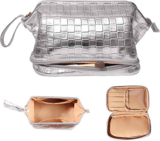 Abiudeng Large Capacity Makeup Bag Ladies Cosmetic Bag Travel Bag with Compartments Portable PU Leather Travel Makeup Bag with Handle