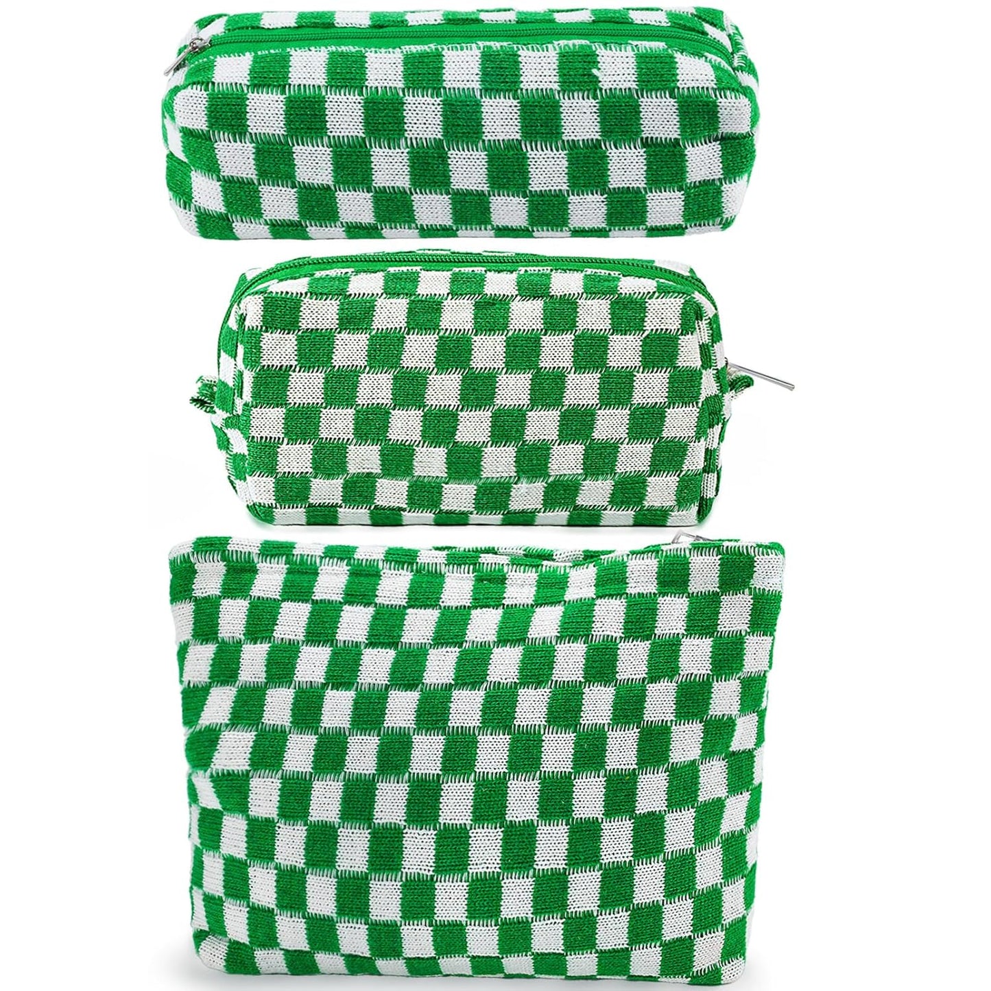 ZLFSRQ 3Pcs Checkered Makeup Bag for Women Large Small Checkered Cosmetic Bag Set Aesthetic Preppy Pencil Case Cute Pencil Pouch Green Makeup Pouch for Purse Travel Toiletry Bags Zipper Skincare Bags