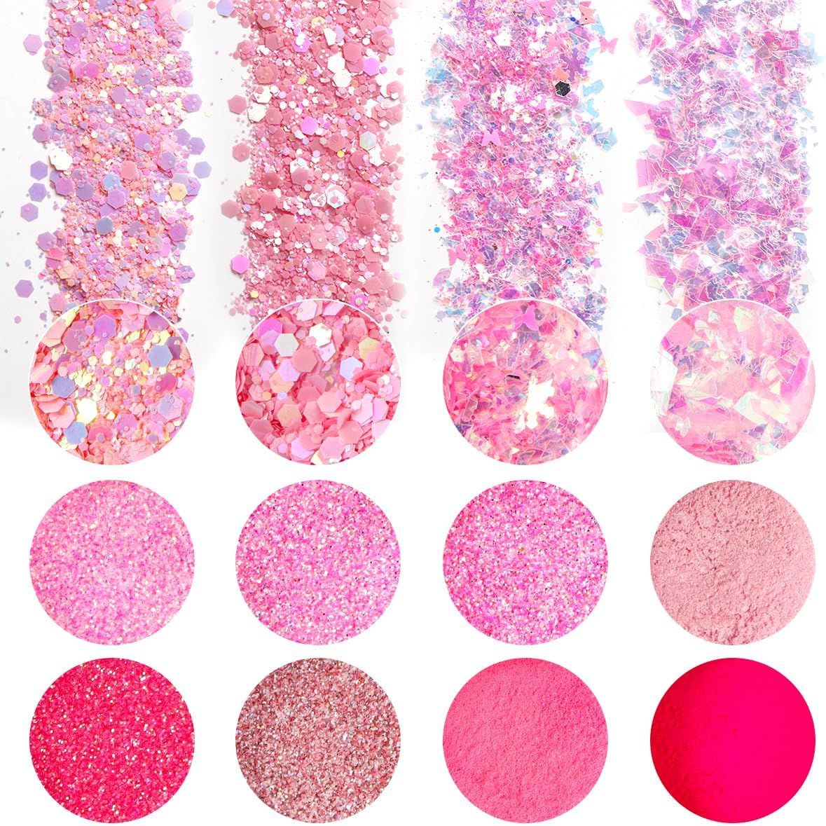Pink Nail Glitter Powder, 12pcs Nail Art Sequins Dust Set, Holographic Paillette Sparkle Flakes for Acrylic Tips Manicure Decorations