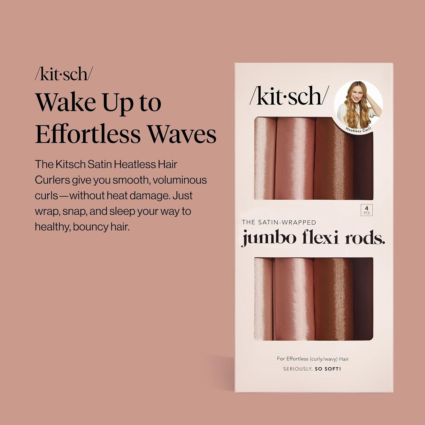 Kitsch Satin Hair Curlers, Heatless Curling Rod - Jumbo Flexi Rod, Heatless Hair Curler - Hair Curlers to Sleep In - No Heat Overnight Curls - For All Hair Types and Texture - 4pcs Rosewood