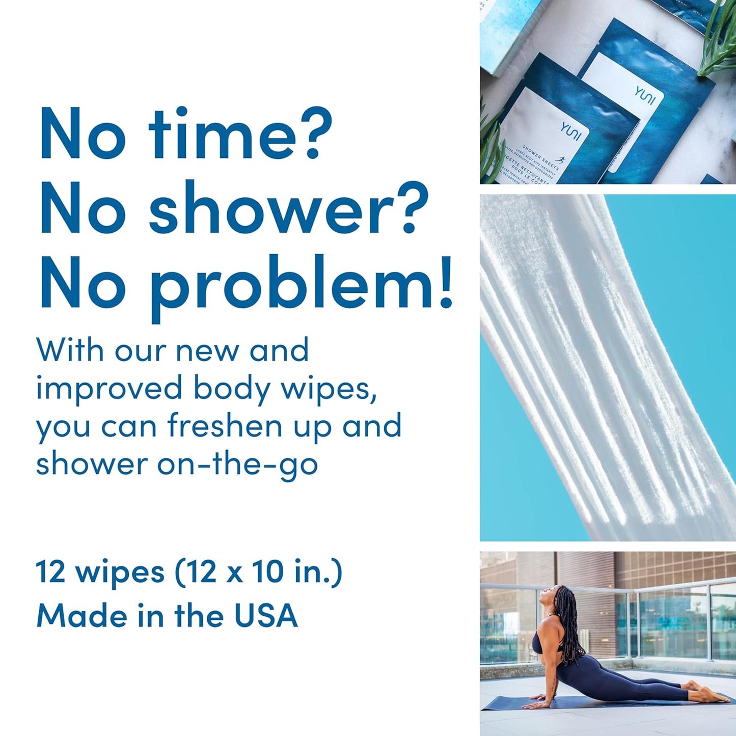 YUNI Beauty Large Body Wipes, Peppermint Citrus, 12 Count, Compostable, Biodegradable, No Rinse Body Cleanser, On-the-Go Shower Alternative