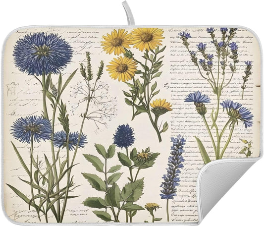 Page Wildflower Vintage Dish Drying Mats for Kitchen Counter, 18x24 inch Drying Dishes Absorbent Microfiber Dish Drainer Mat Rack Pad Fast Dry