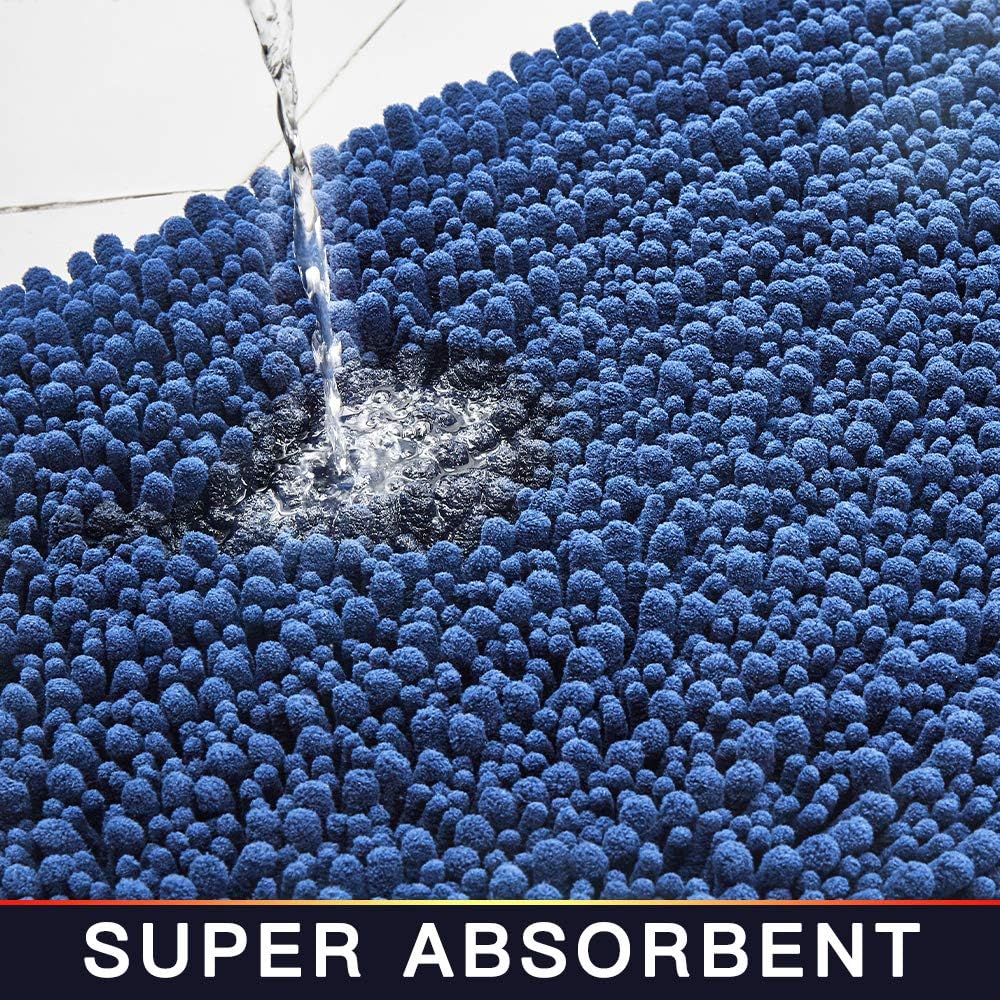 Walensee Large Bathroom Rug Non Slip Bath Mat (24x60 Inch Dark Blue) Water Absorbent Super Soft Shaggy Chenille Machine Washable Dry Extra Thick Perfect Absorbant Best Plush Carpet for Shower Floor