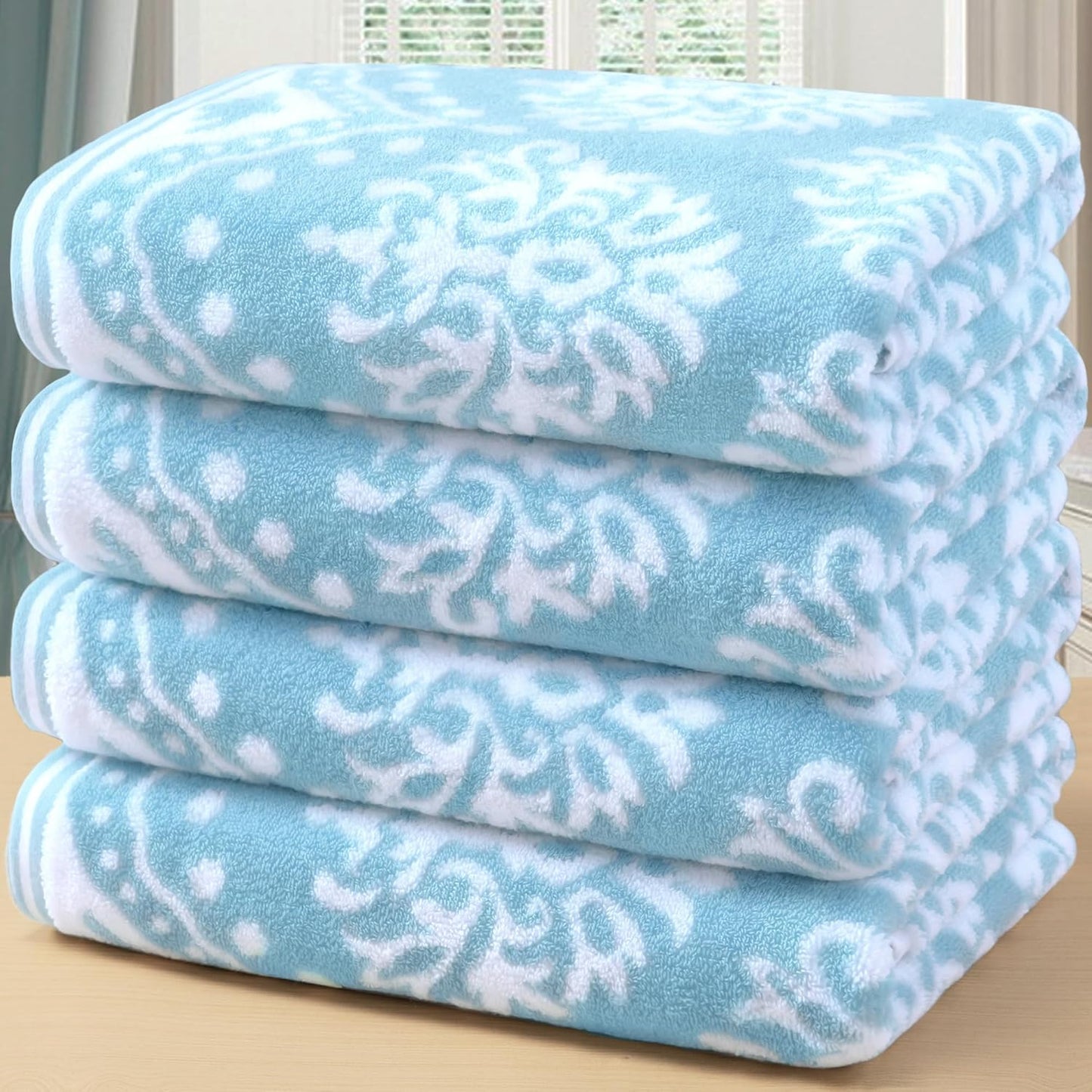 Patterned Bath Towels (4 Pack, 28"x52") - 100% Cotton | Quick Dry | Soft | Light Weight | Absorbent, Decorative Bath Towels Set for Bathroom, Bathroom Essentials, Aqua and White Damask Jacquard