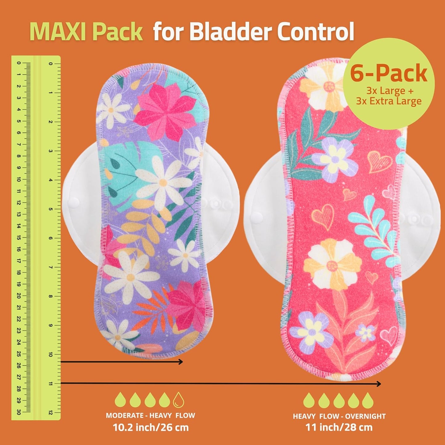 Non-Slip, (Premium) High Absorbency Reusable Period Pads for Heavy Flow (6 Pack L+XL) - Leak Proof & Odor Free Cotton Cloth Pads for Women - High-Temp Washable, Soft & Skin-Safe for Menstrual Comfort